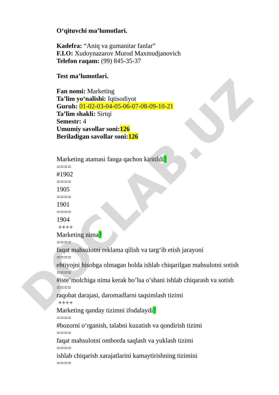 Marketing fanidan test savollari