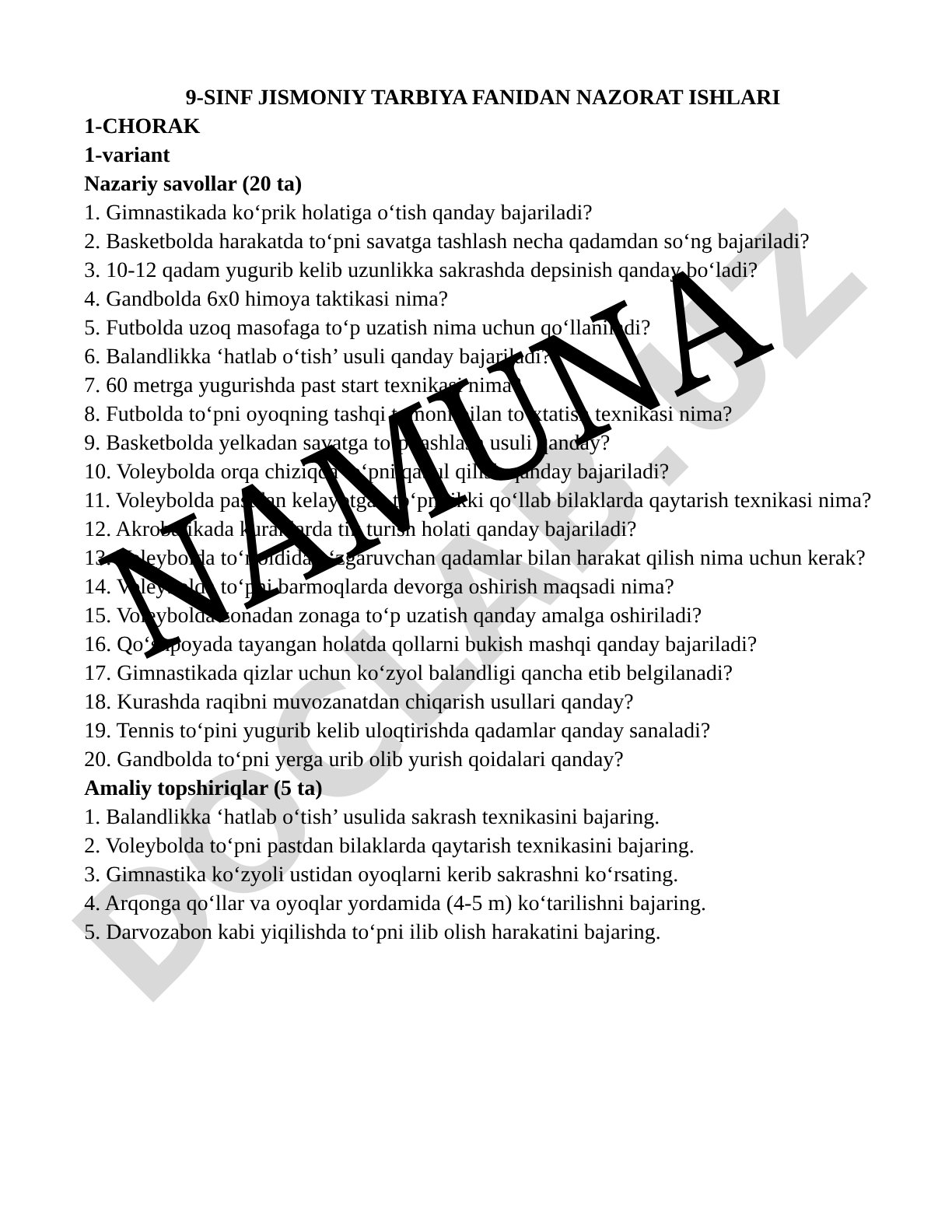 9-sinf jismoniy tarbiya fanidan nazorat ishlari 1-chorak 1-variant