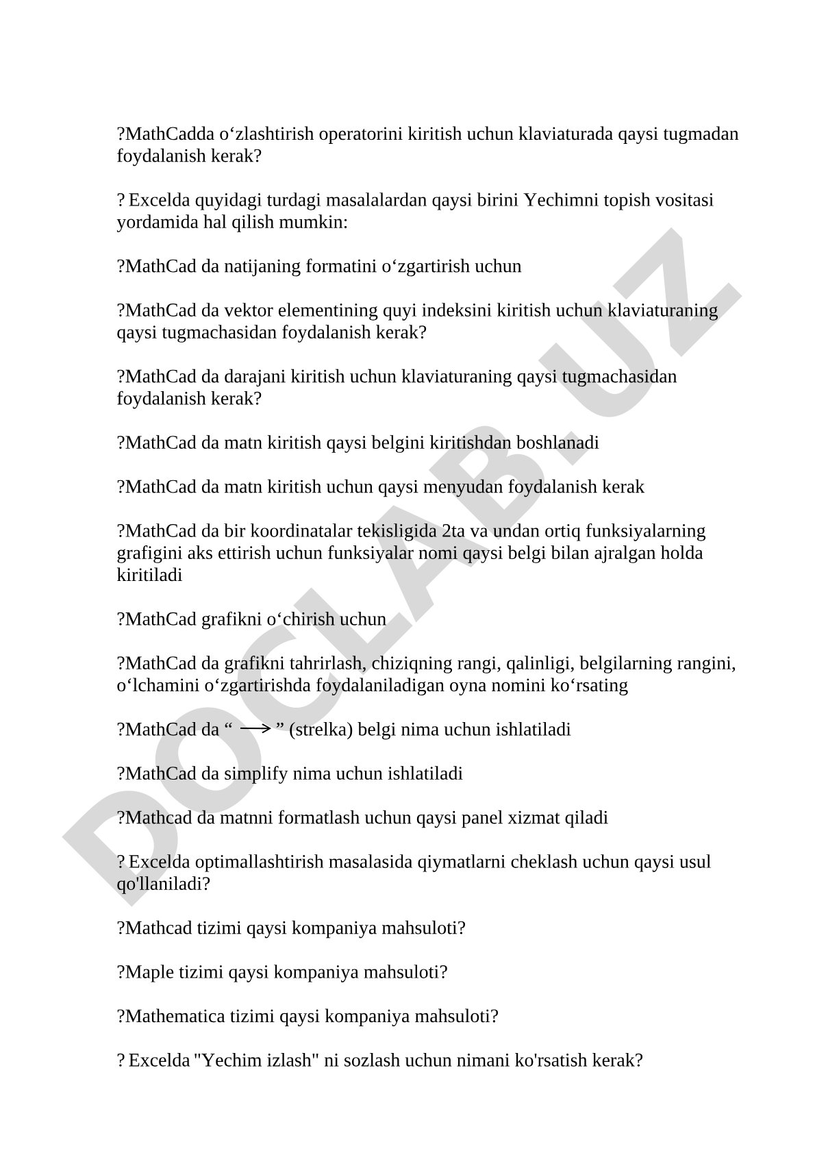 MathCad va Excel bo'yicha test savollari