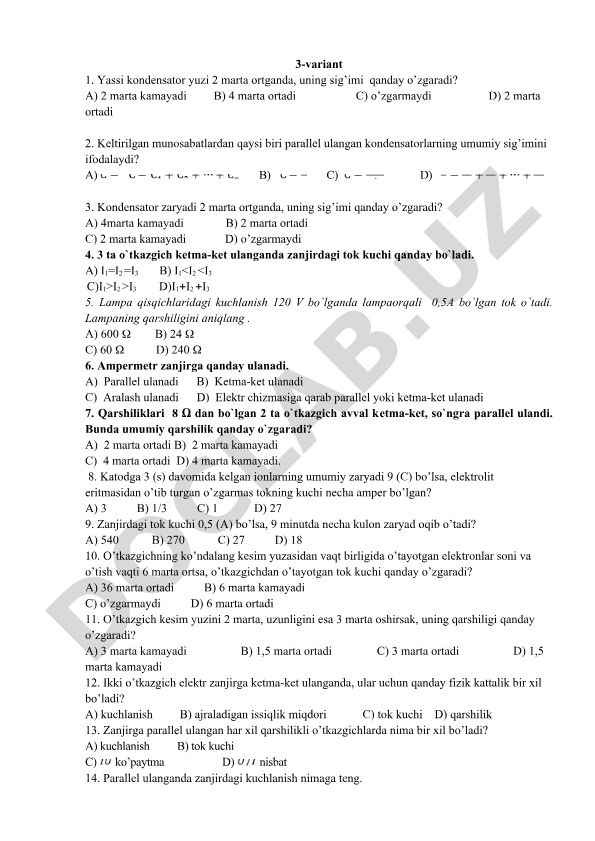 Fizika fanidan test savollari va masalalar