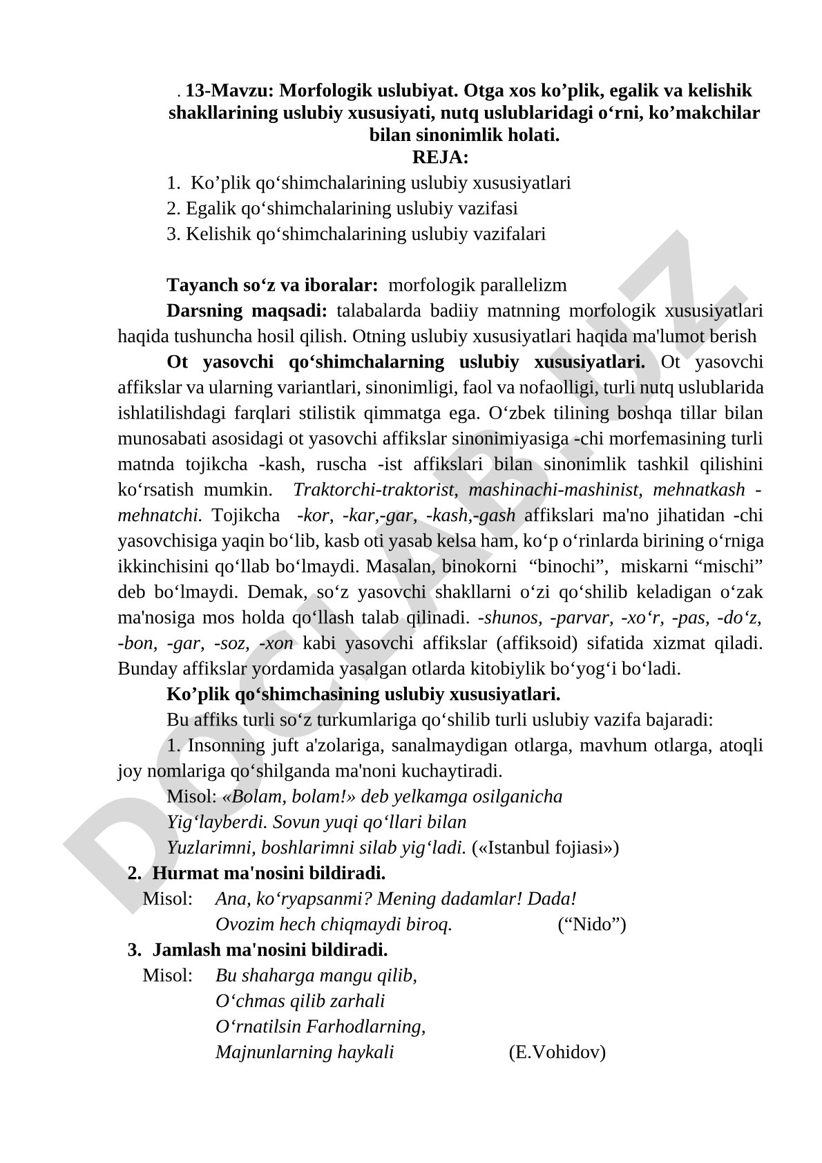 Otga xos ko'plik, egalik va kelishik shakllarining uslubiy xususiyati