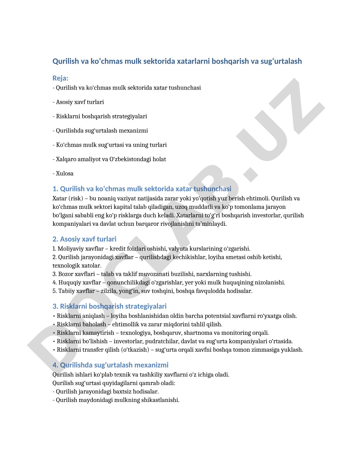 Qurilish va ko‘chmas mulk sektorida xatarlarni boshqarish va sug‘urtalash