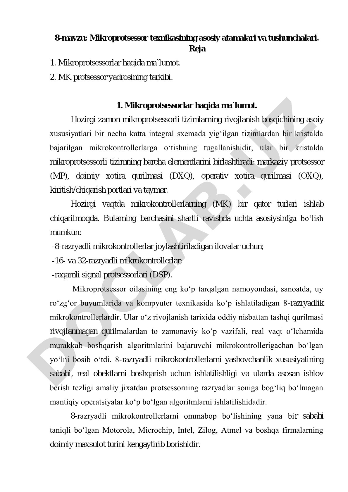 Mikroprotsessor texnikasining asosiy atamalari va tushunchalari