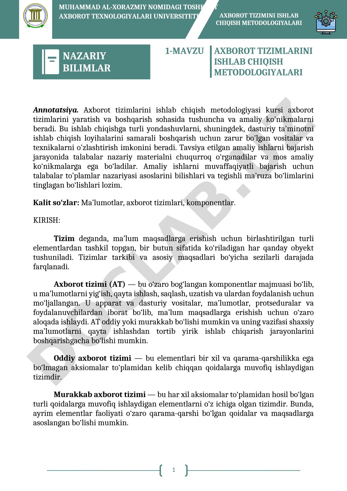 Axborot tizimlarini ishlab chiqish metodologiyalari nazariy bilimlar
