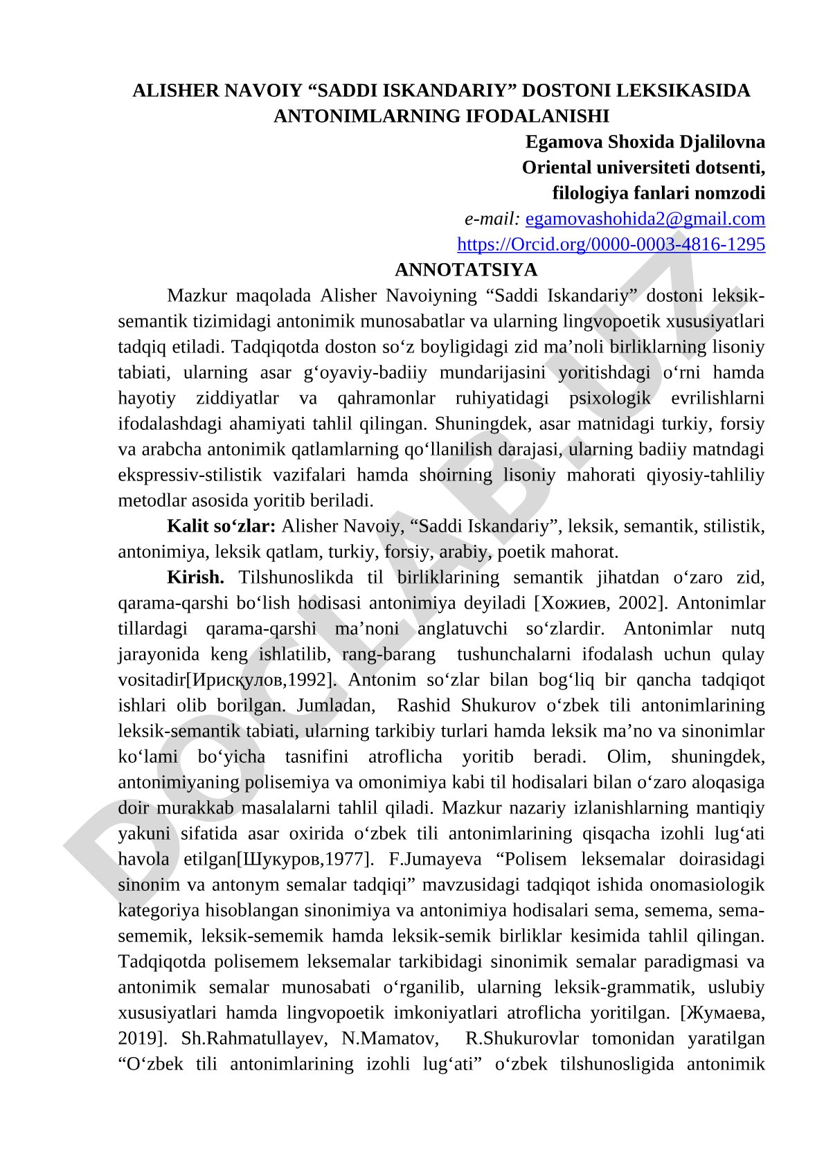 Alisher Navoiy “Saddi Iskandariy” dostoni leksikasida antonimlarning ifodalanishi