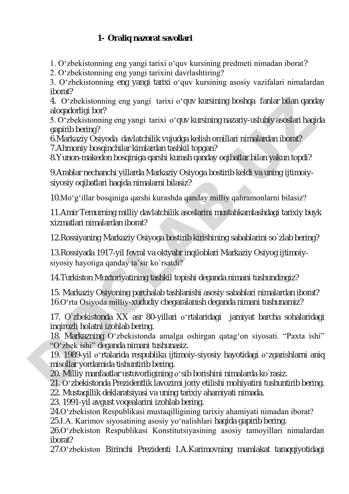 O'zbekistonning eng yangi tarixi fanidan oraliq nazorat savollari