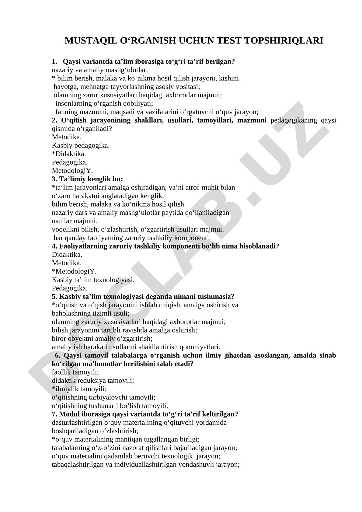 Pedagogika va didaktika asoslari bo'yicha test topshiriqlari