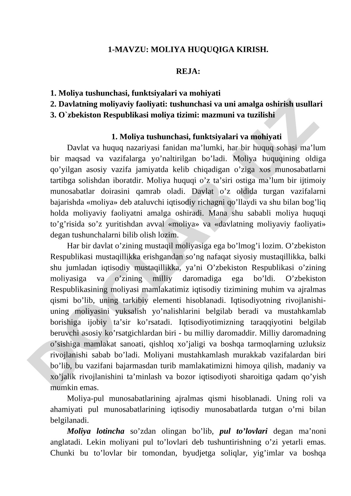 Moliya tushunchasi, funktsiyalari, davlat moliyaviy faoliyati va O'zbekiston moliya