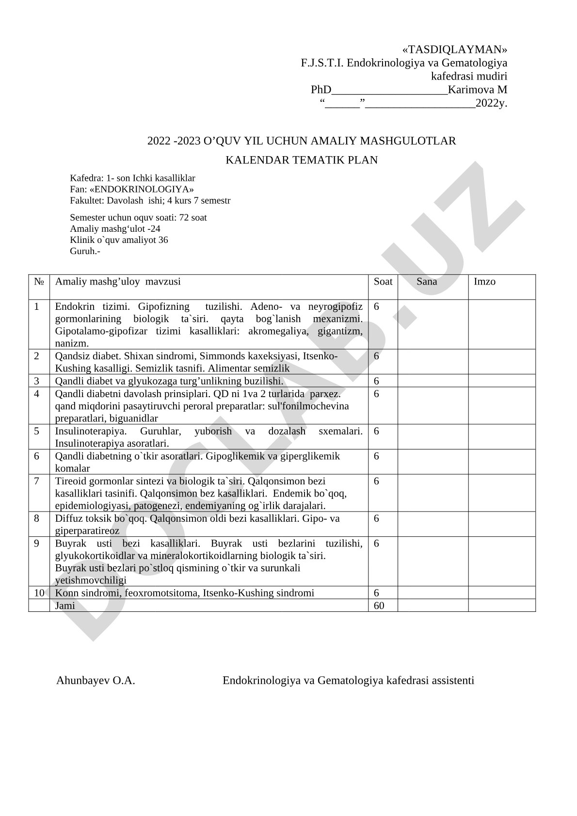 Endokrinologiya fanidan amaliy mashg'ulotlar kalendar tematik plan