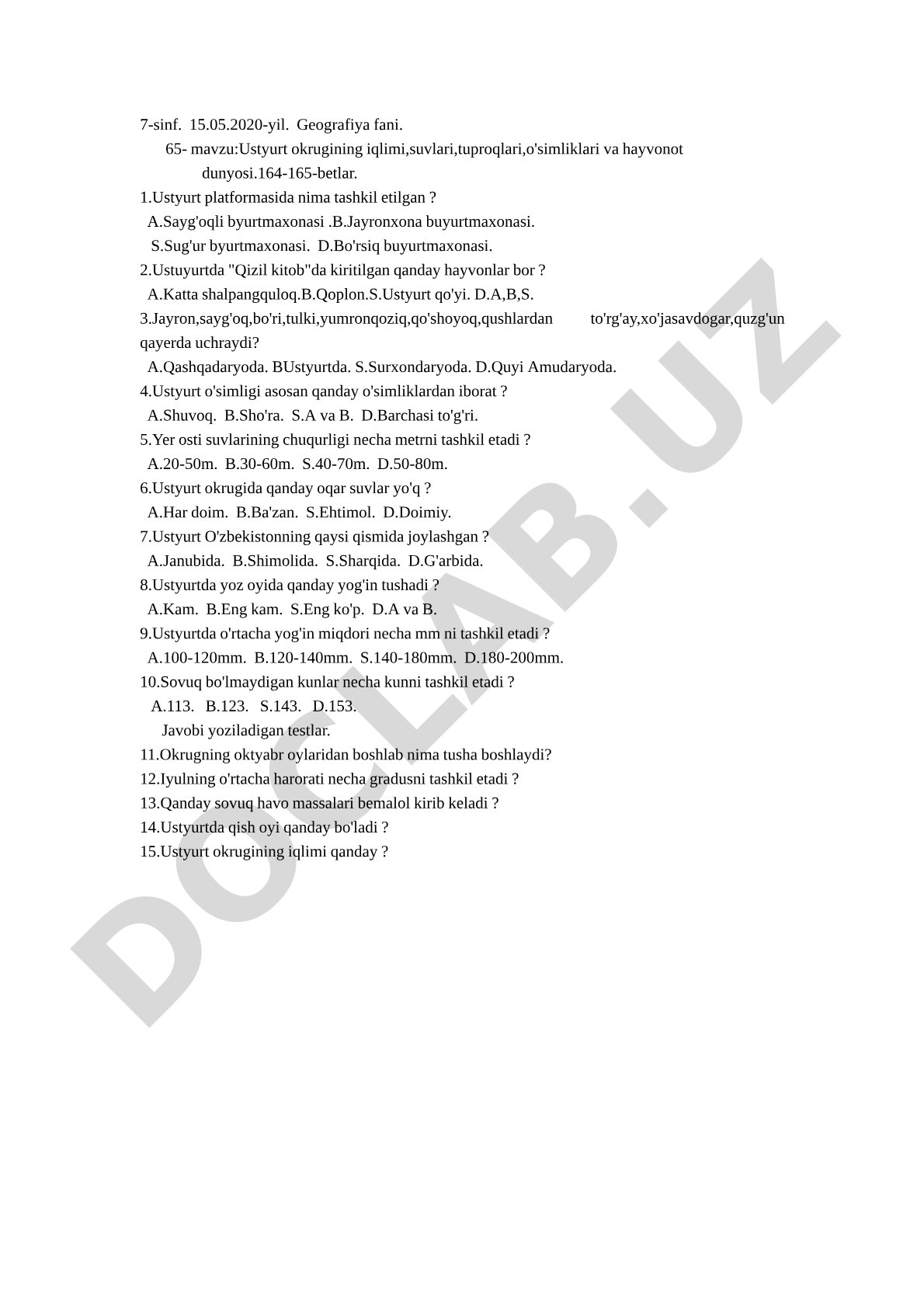 Ustyurt okrugining iqlimi, suvlari, tuproqlari, o'simliklari va hayvonot dunyosi