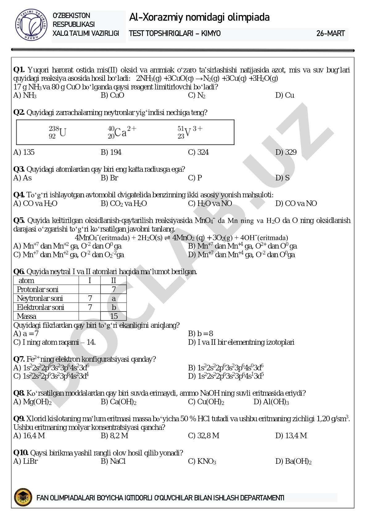Al-Xorazmiy nomidagi olimpiada test topshiriqlari – kimyo 26-mart