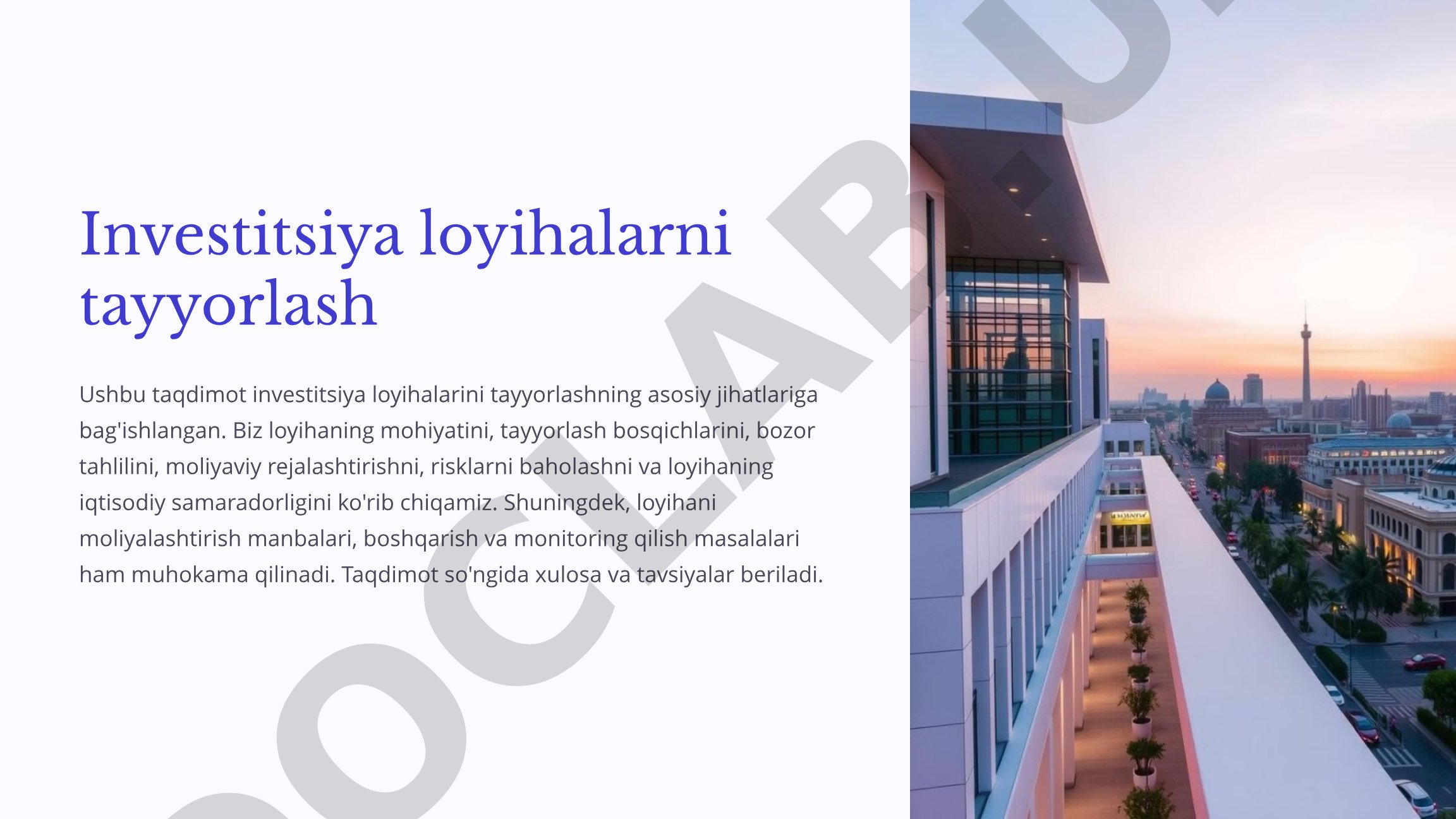 Loyiha tayyorlash bosqichlari, bozor tahlili, moliyaviy rejalashtirish va risklarni