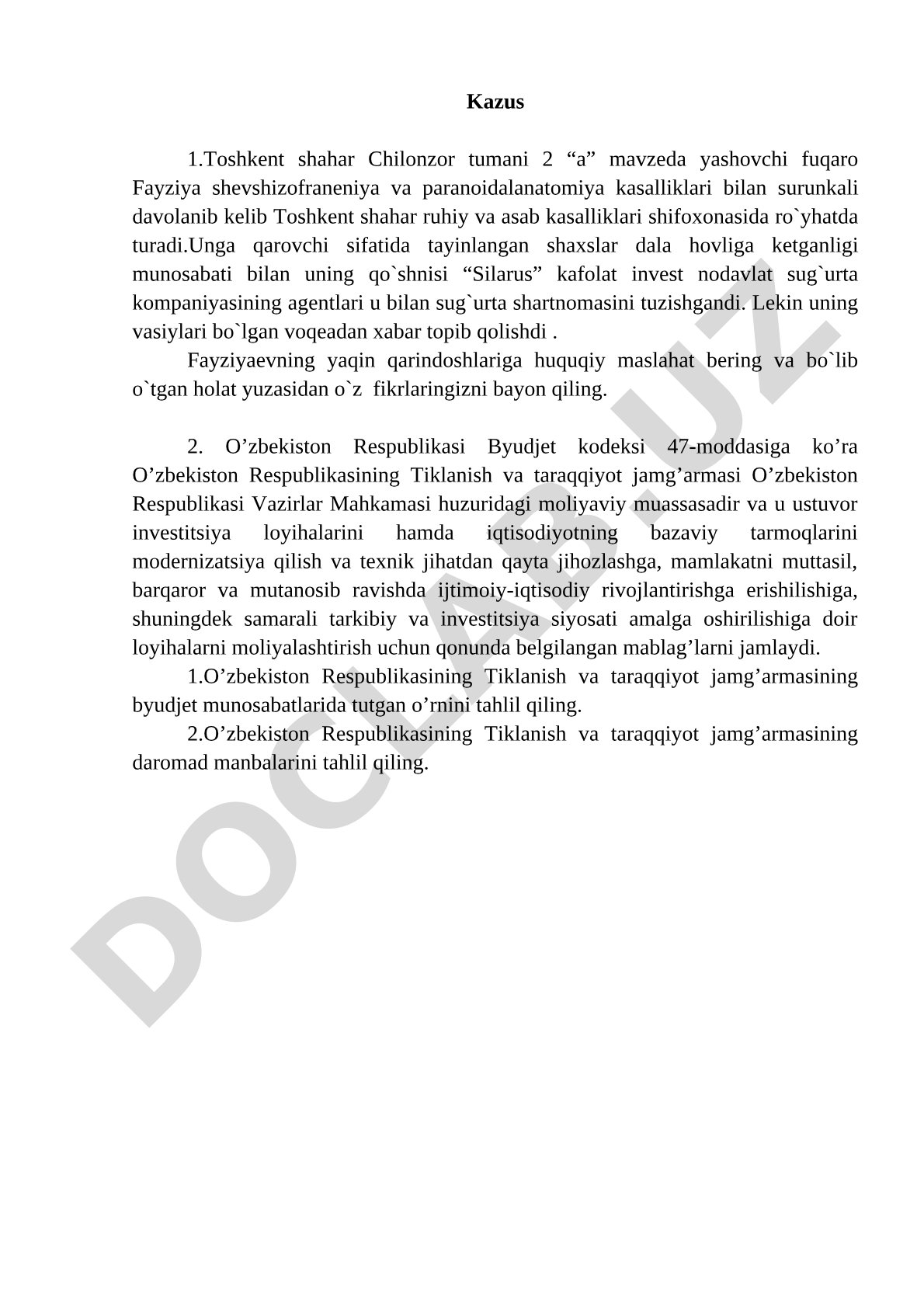 Sug'urta shartnomasi va byudjet kodeksi kazuslari