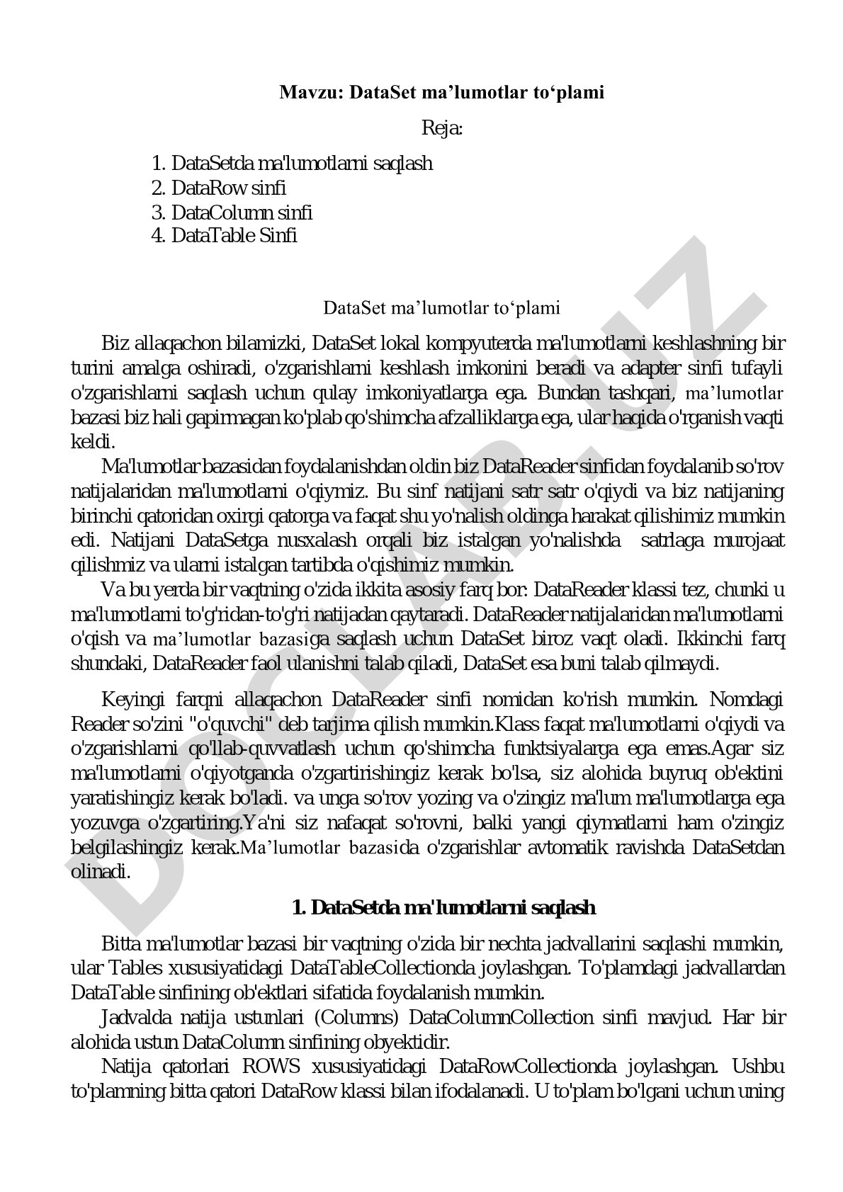 DataSet maʼlumotlar toʻplami Reja: 1