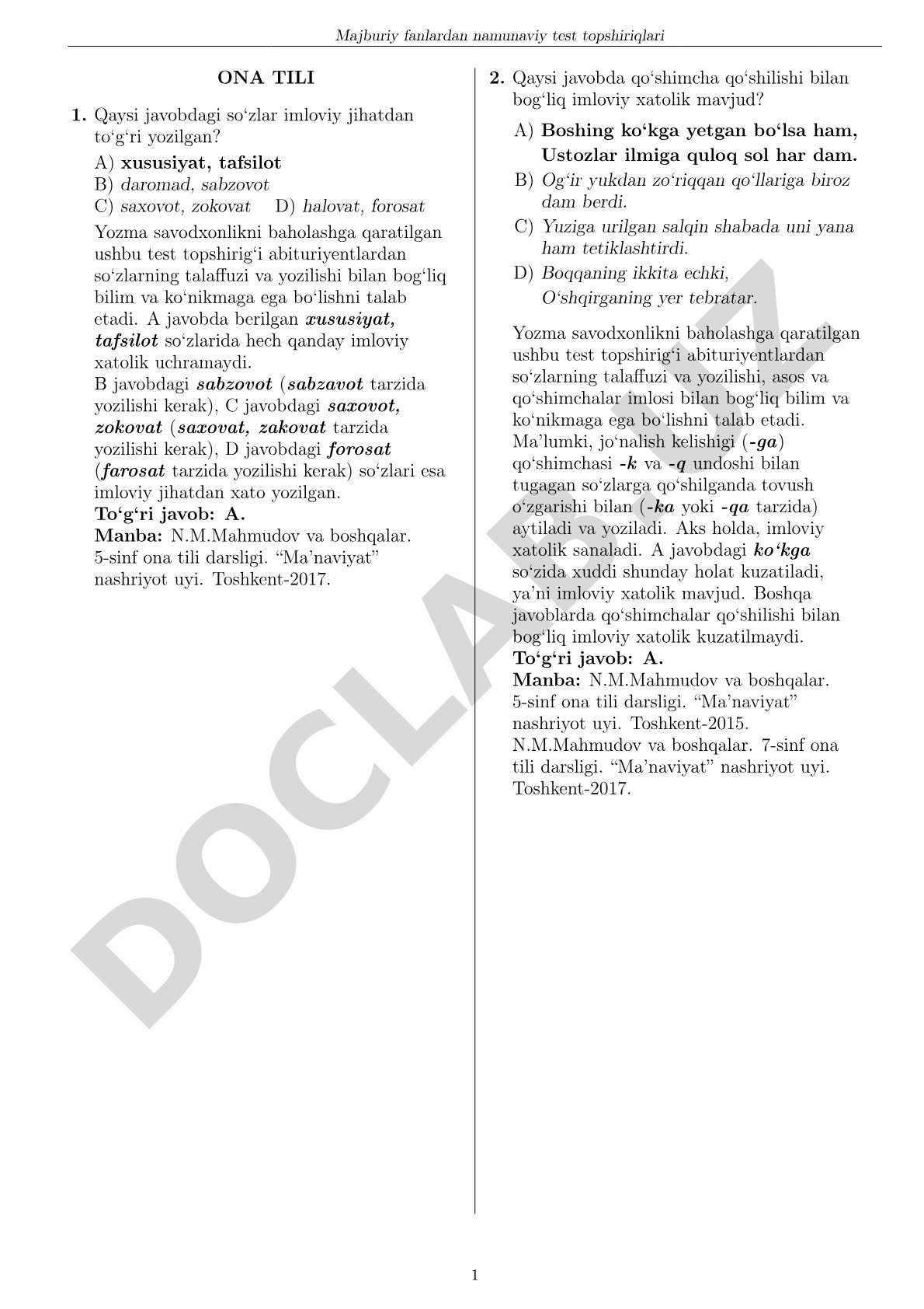 Ona tili fanidan namunaviy test topshiriqlari