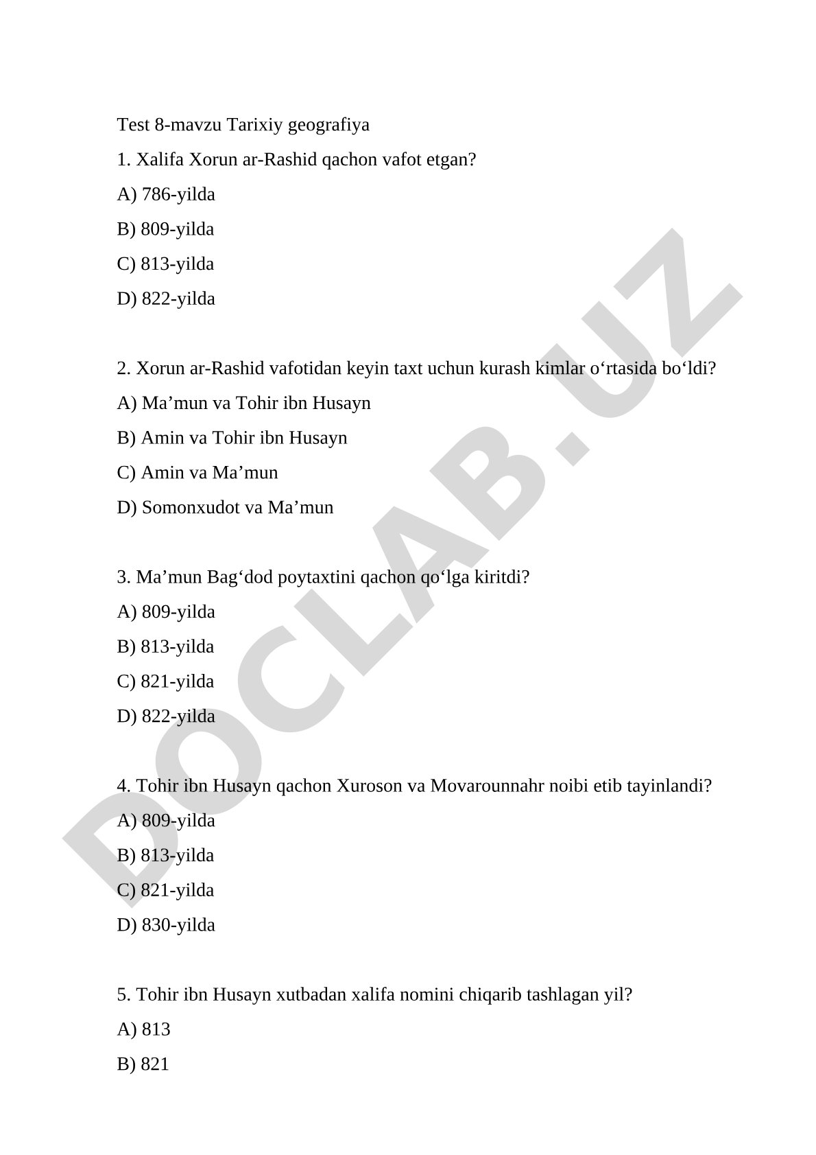 Tarixiy geografiya bo'yicha test savollari