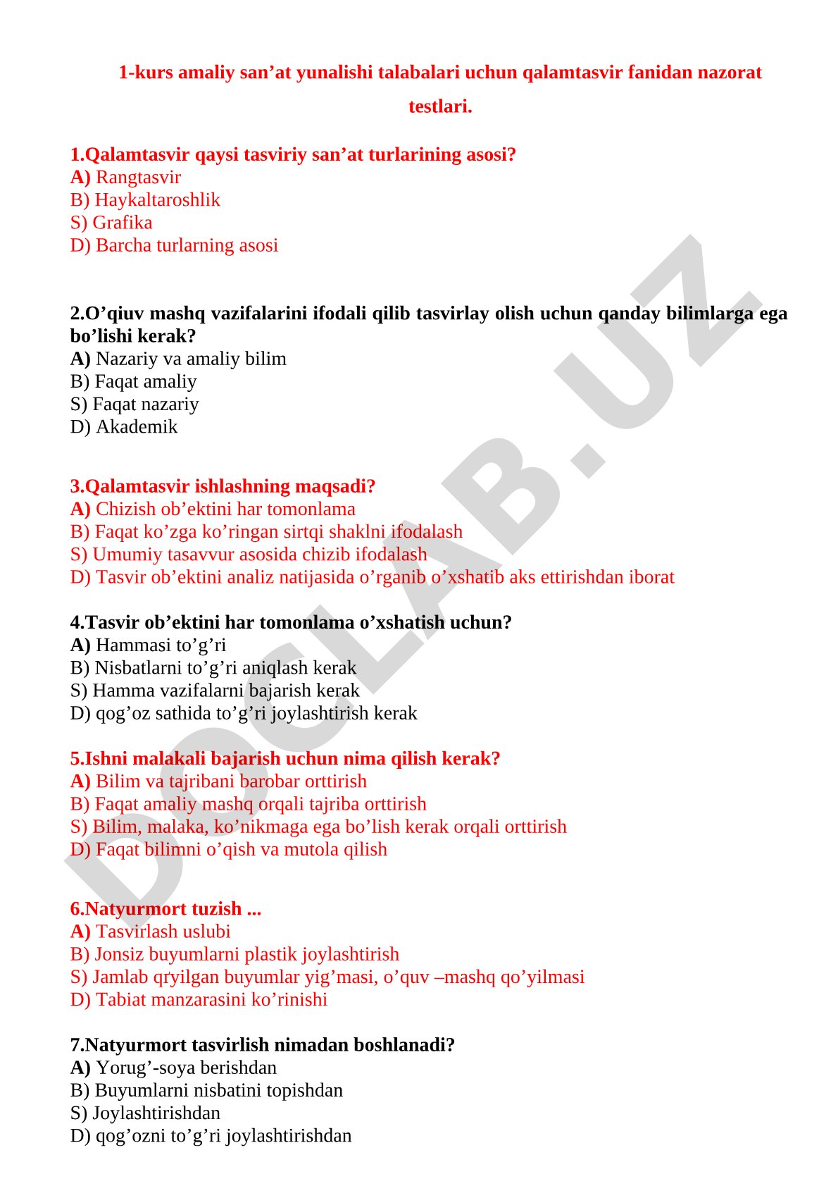 Qalamtasvir fanidan nazorat testlari