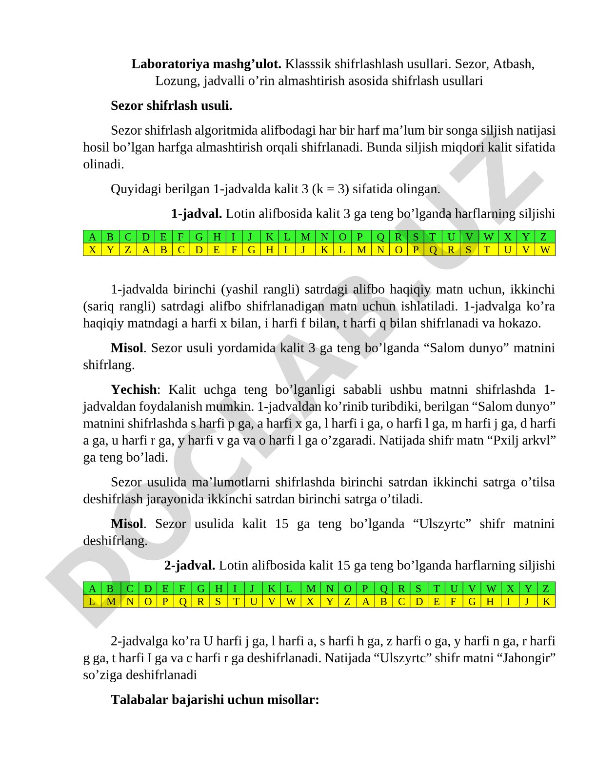 Sezor, Atbash, Lozung, jadvalli o’rin almashtirish asosida shifrlash usullari
