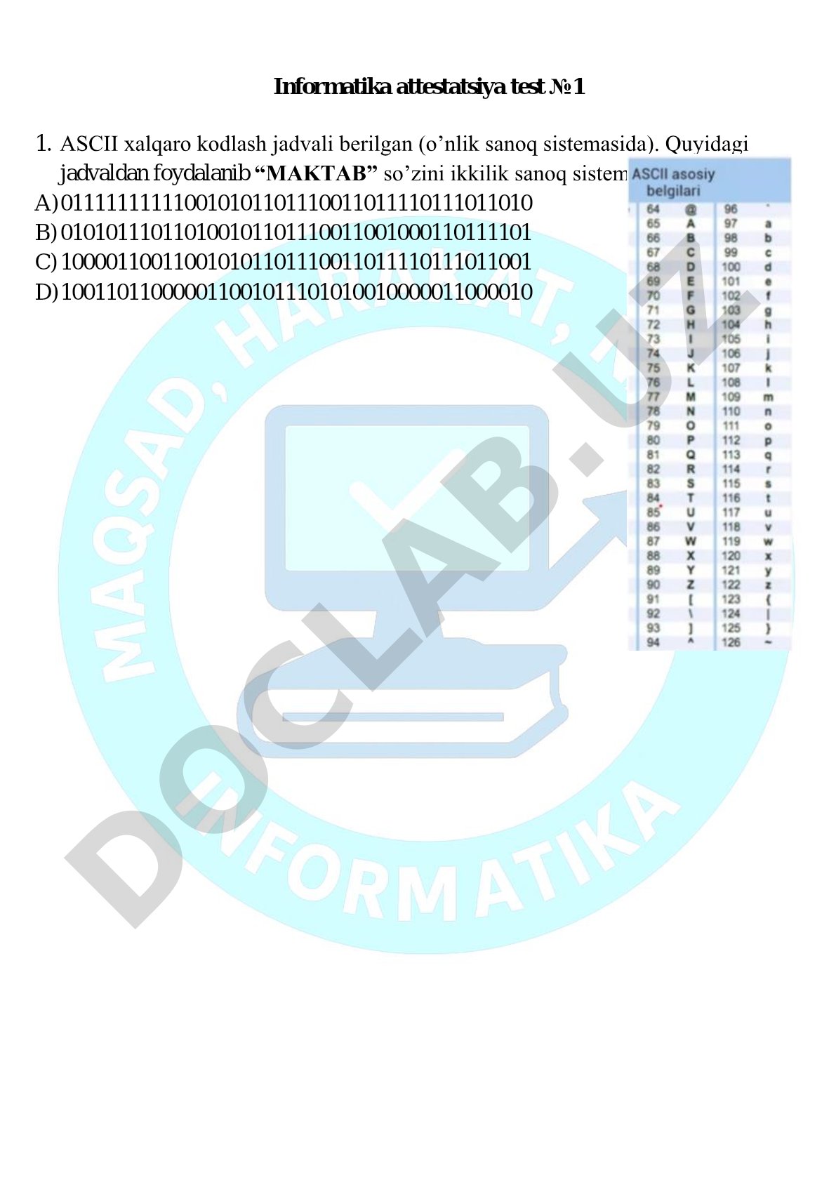 Informatika attestatsiya testi №1