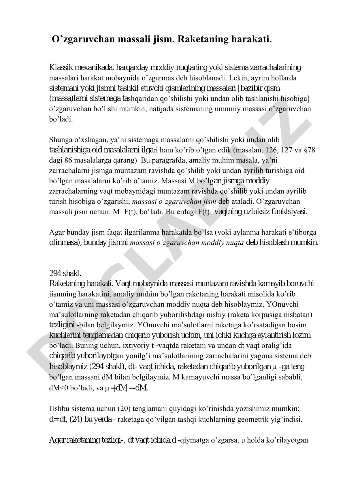 O'zgaruvchan massali jism. Raketaning harakati