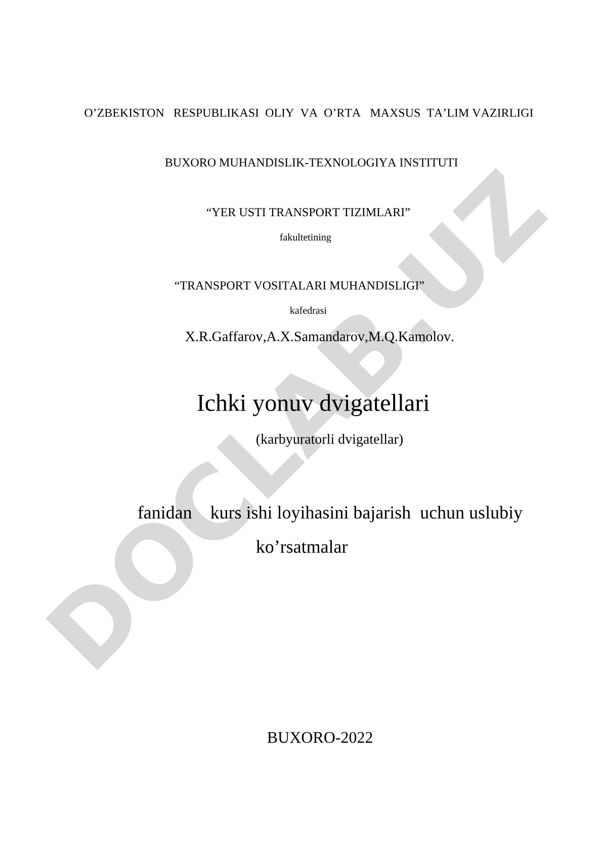 Ichki yonuv dvigatellari (karbyuratorli dvigatellar) fanidan uslubiy ko’rsatmalar