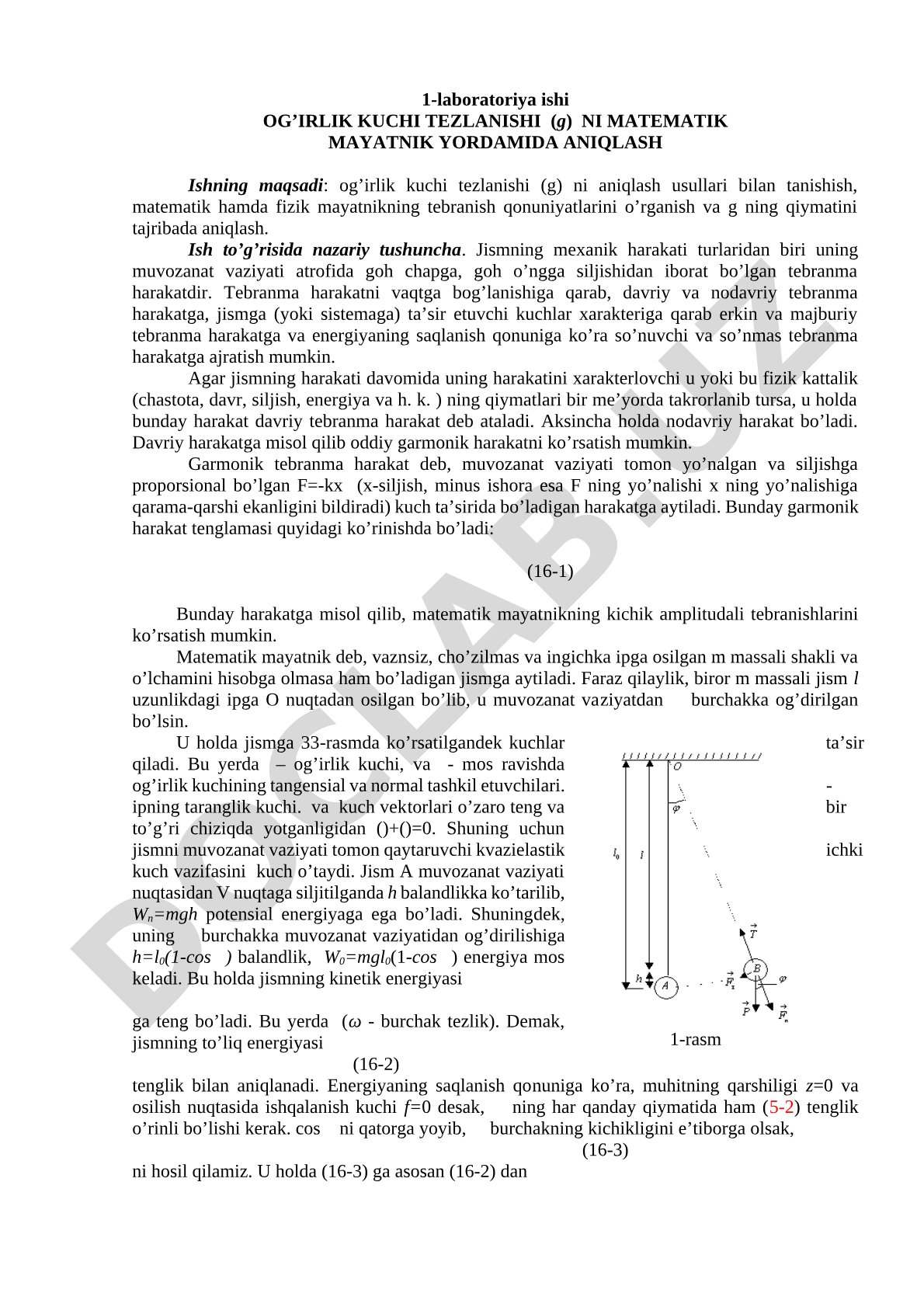 Og'irlik kuchi tezlanishi (g) ni matematik mayatnik yordamida aniqlash