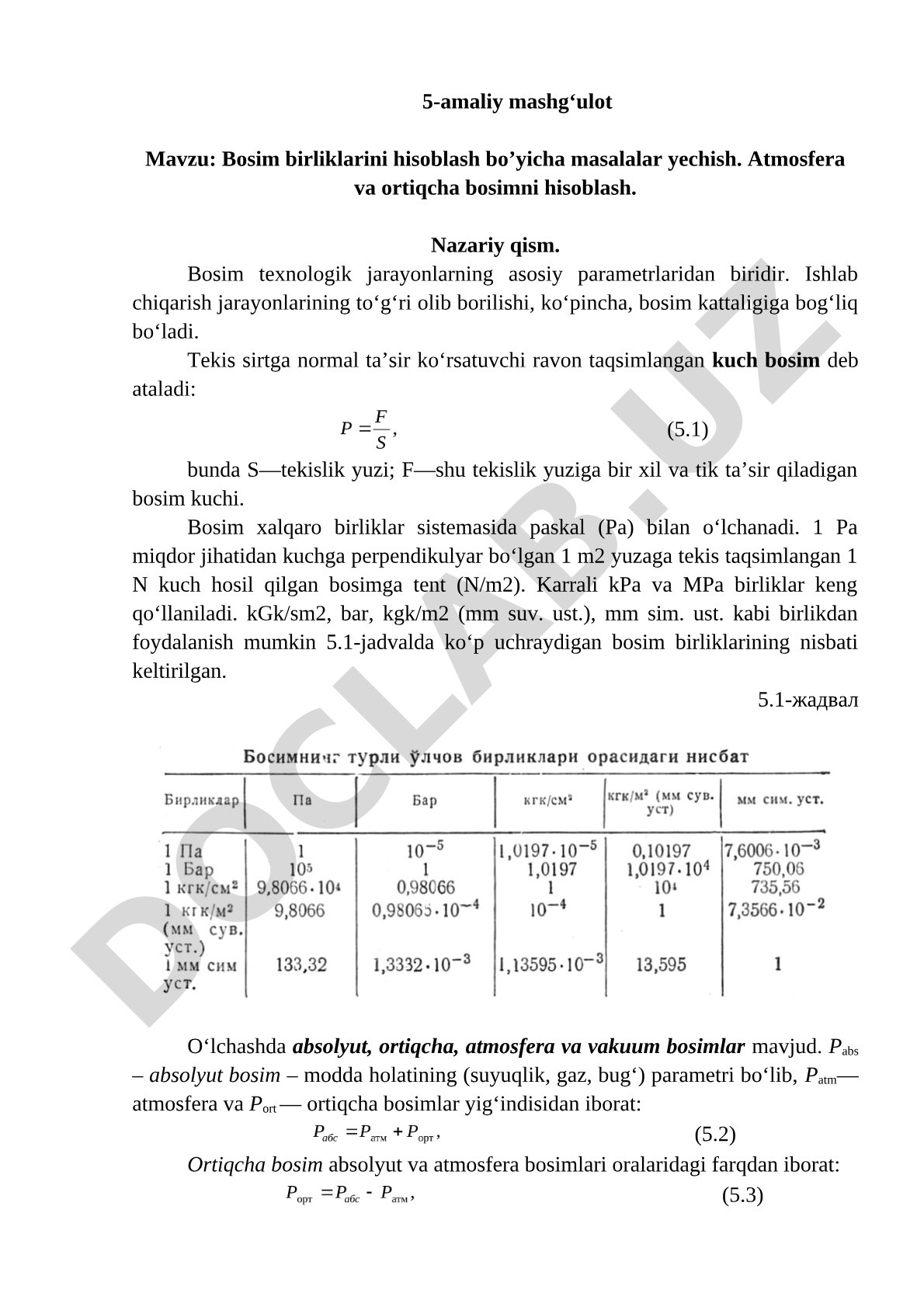 Bosim birliklarini hisoblash bo'yicha masalalar yechish
