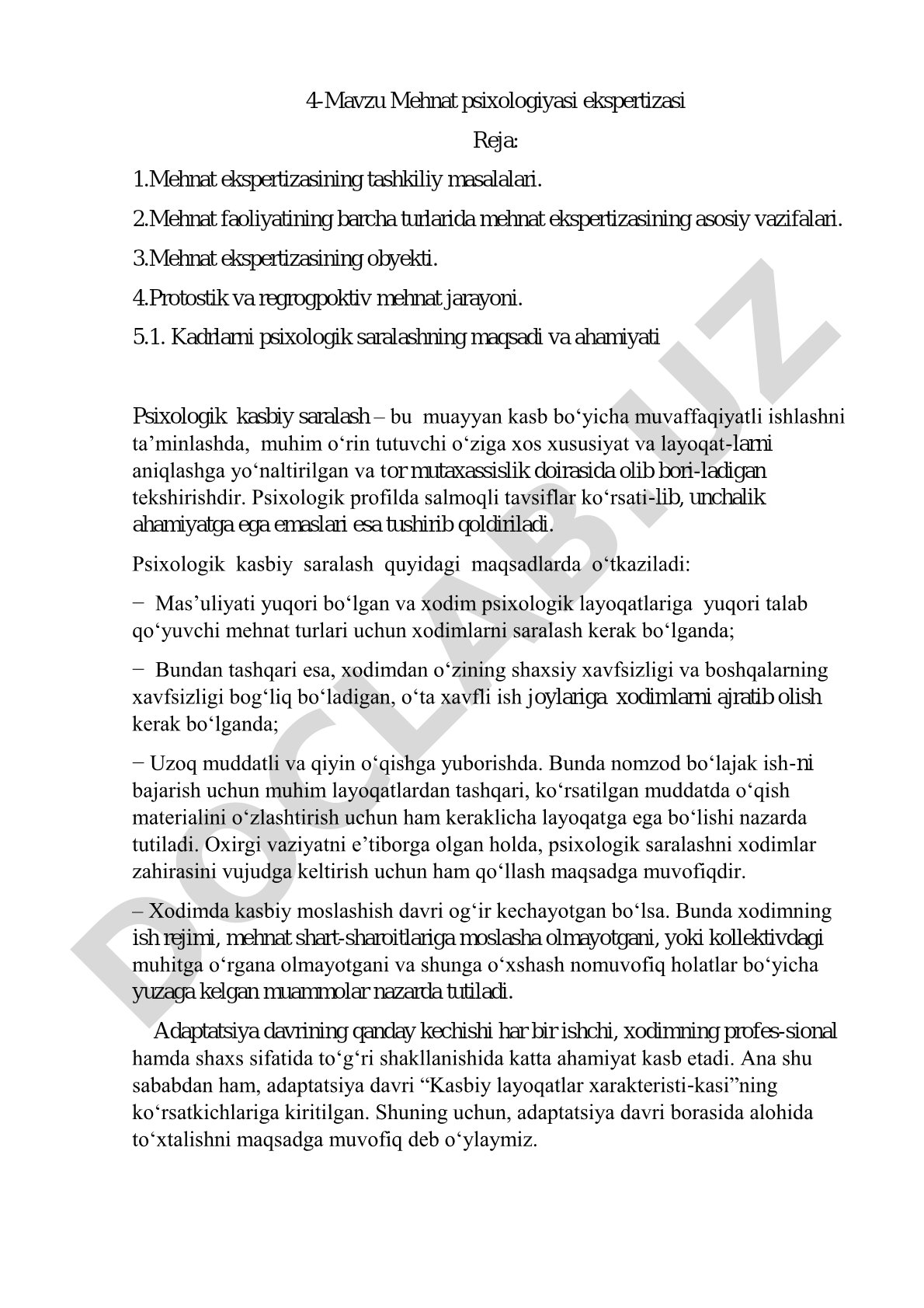Mehnat ekspertizasi: tashkiliy masalalar, vazifalar, obyekt, psixologik saralash