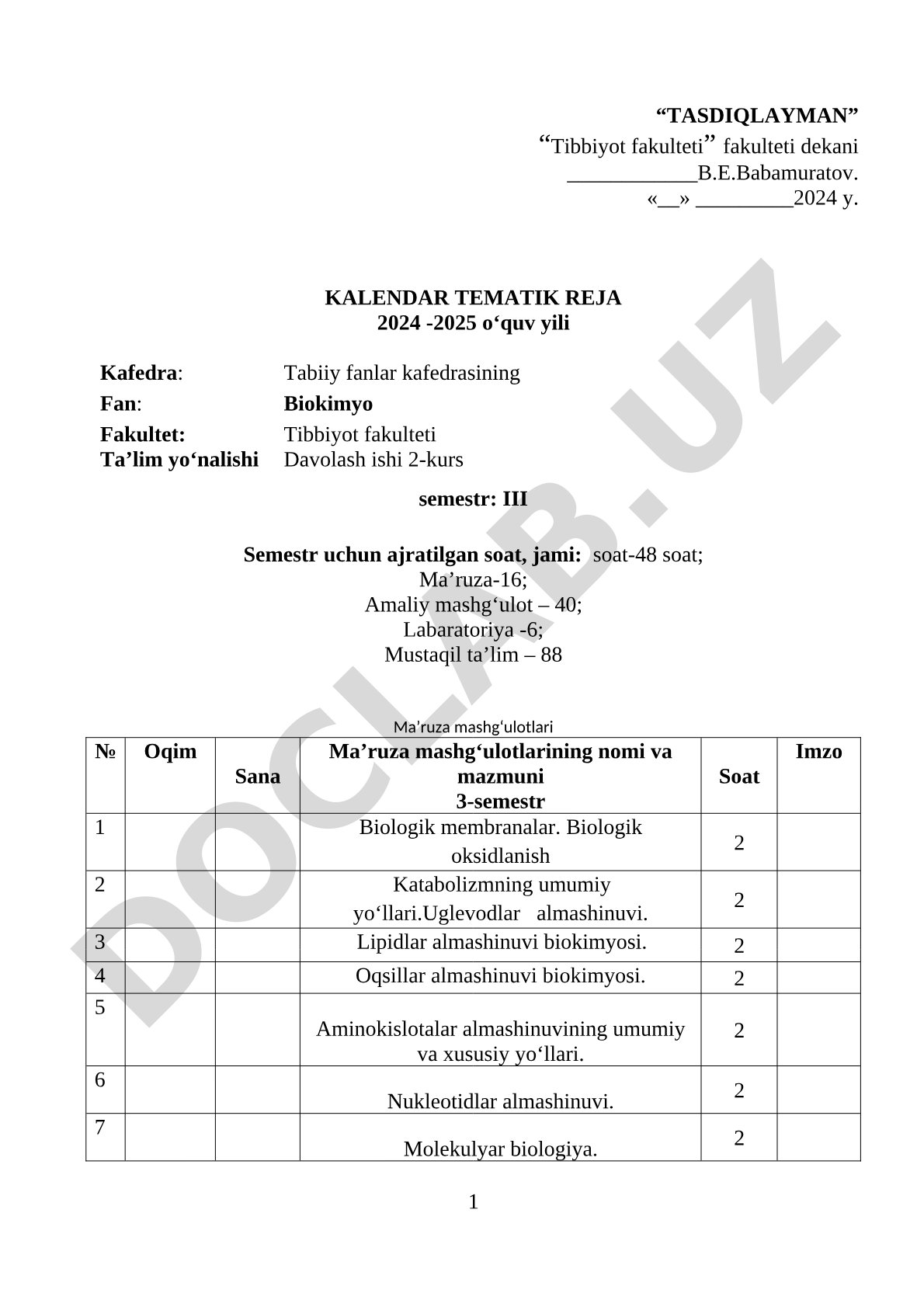 Biokimyo fanidan kalendar tematik reja