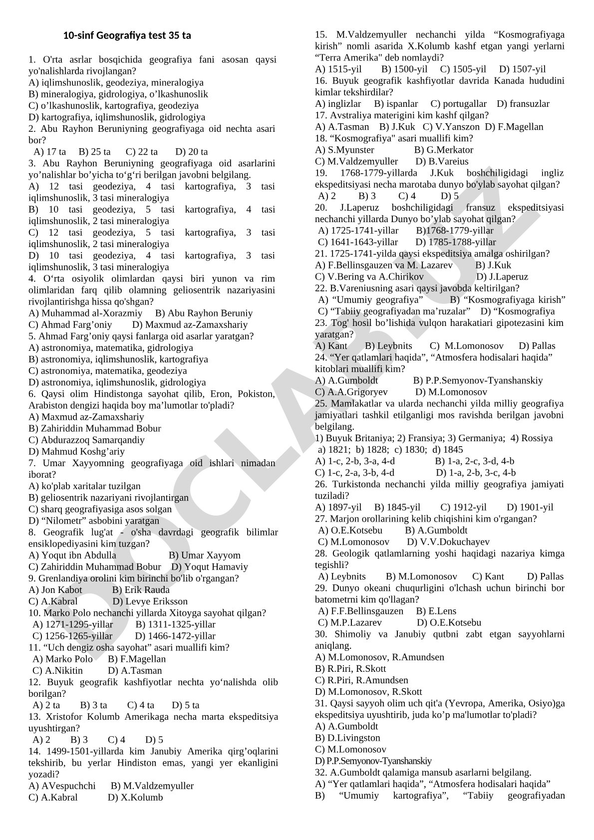 10-sinf Geografiya test 35 ta