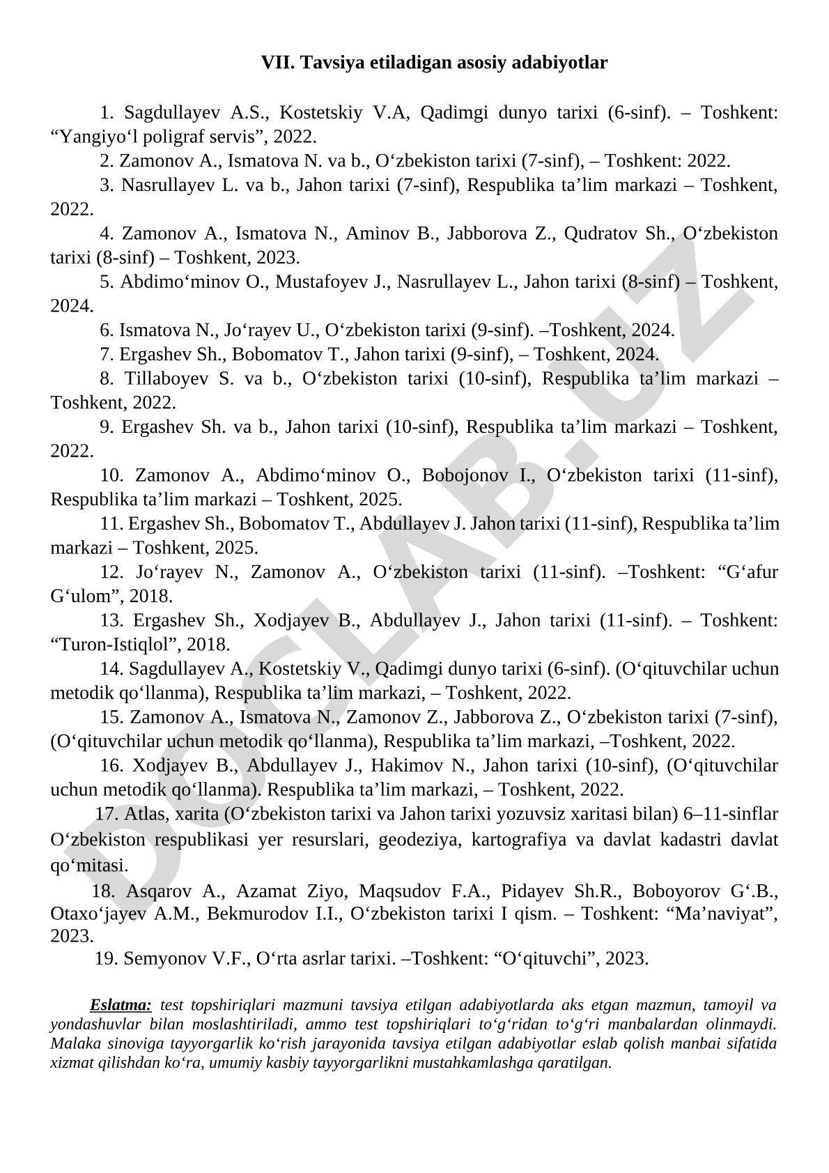 Tarix fanidan tavsiya etilgan asosiy adabiyotlar