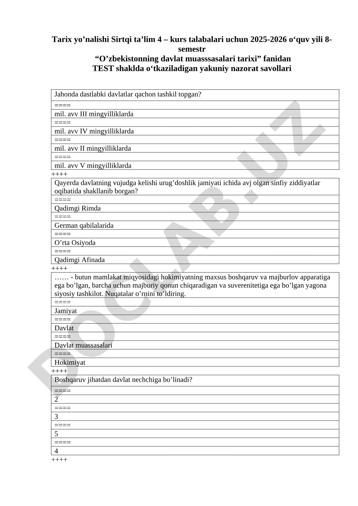 O’zbekistonning davlat muasssasalari tarixi