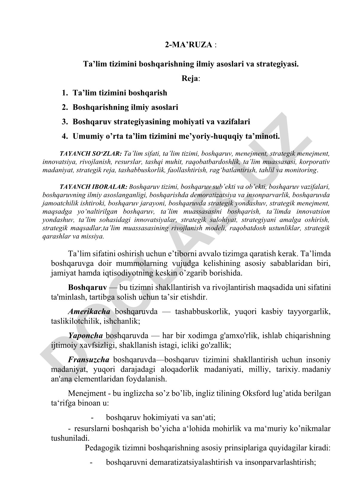 Ta’lim tizimini boshqarishning ilmiy asoslari va strategiyasi