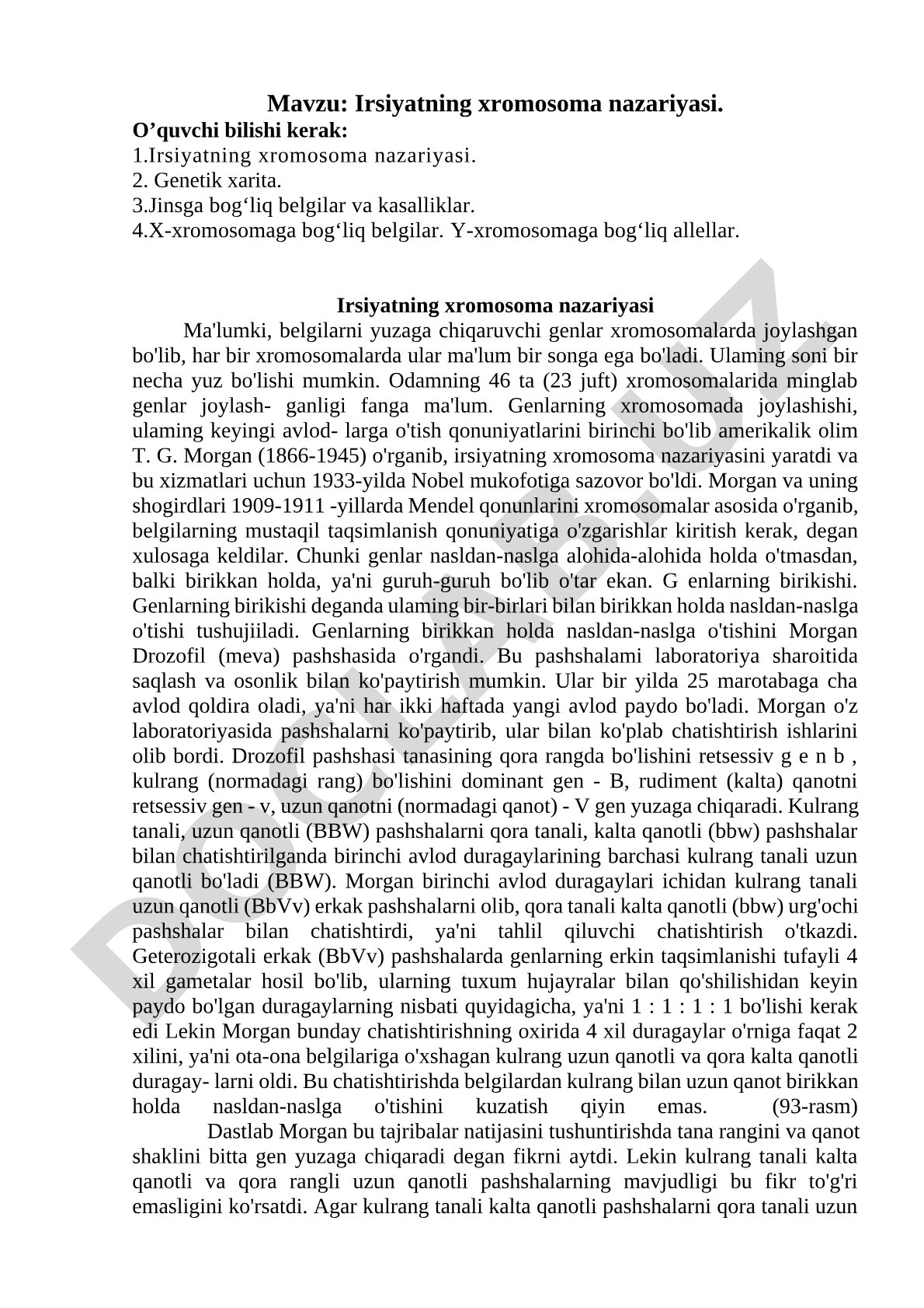 Irsiyatning xromosoma nazariyasi, genetik xarita, jinsga bog'liq belgilar va kasalliklar