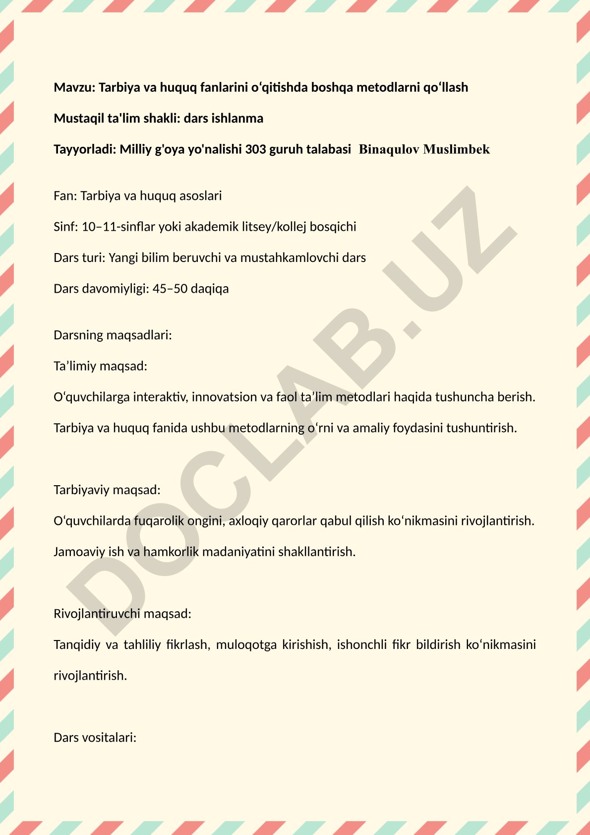 Tarbiya va huquq fanlarini o‘qitishda boshqa metodlarni qo‘llash