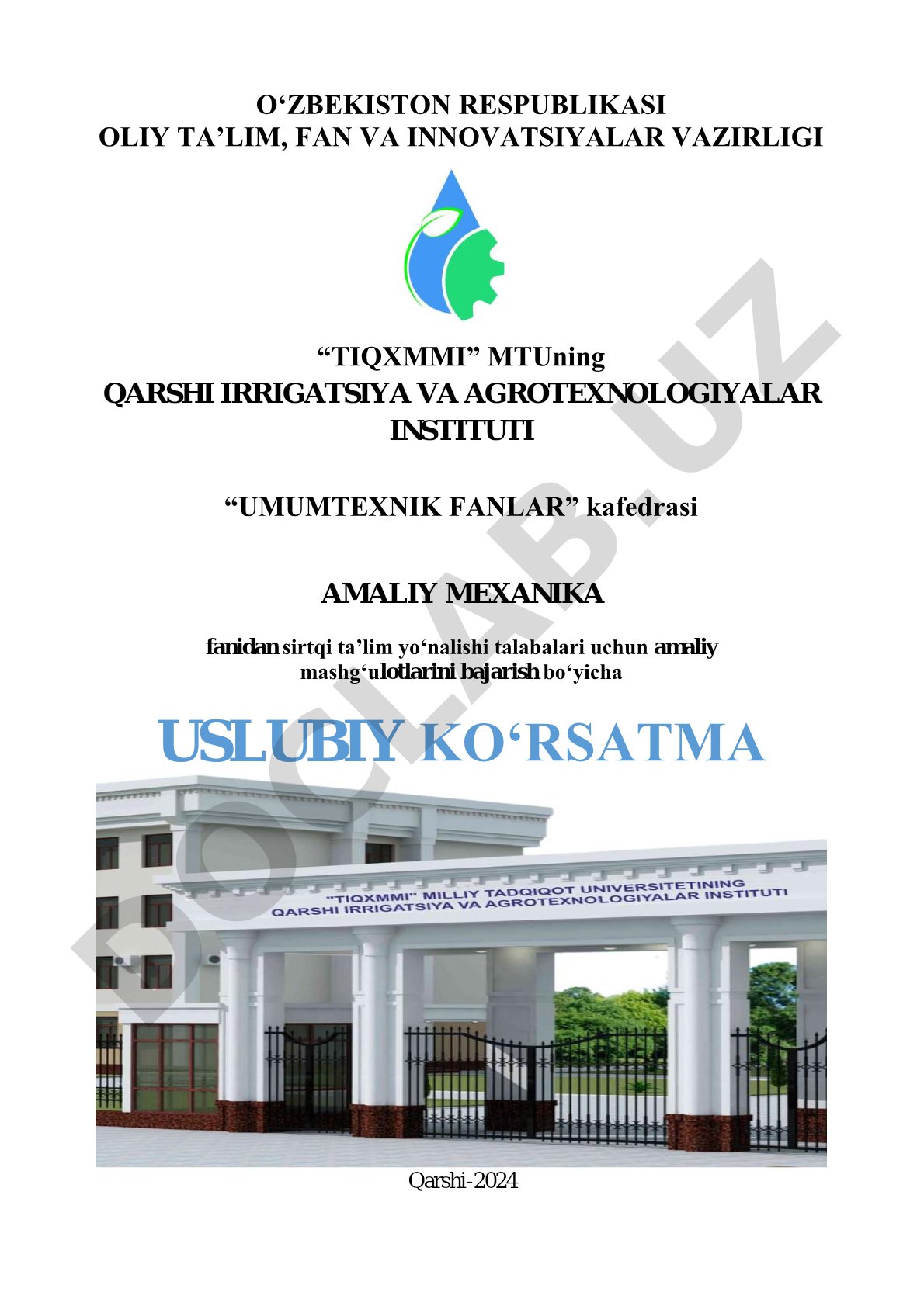 Amaliy mexanika fanidan amaliy mashg‘ulotlarini bajarish bo‘yicha uslubiy ko‘rsatma