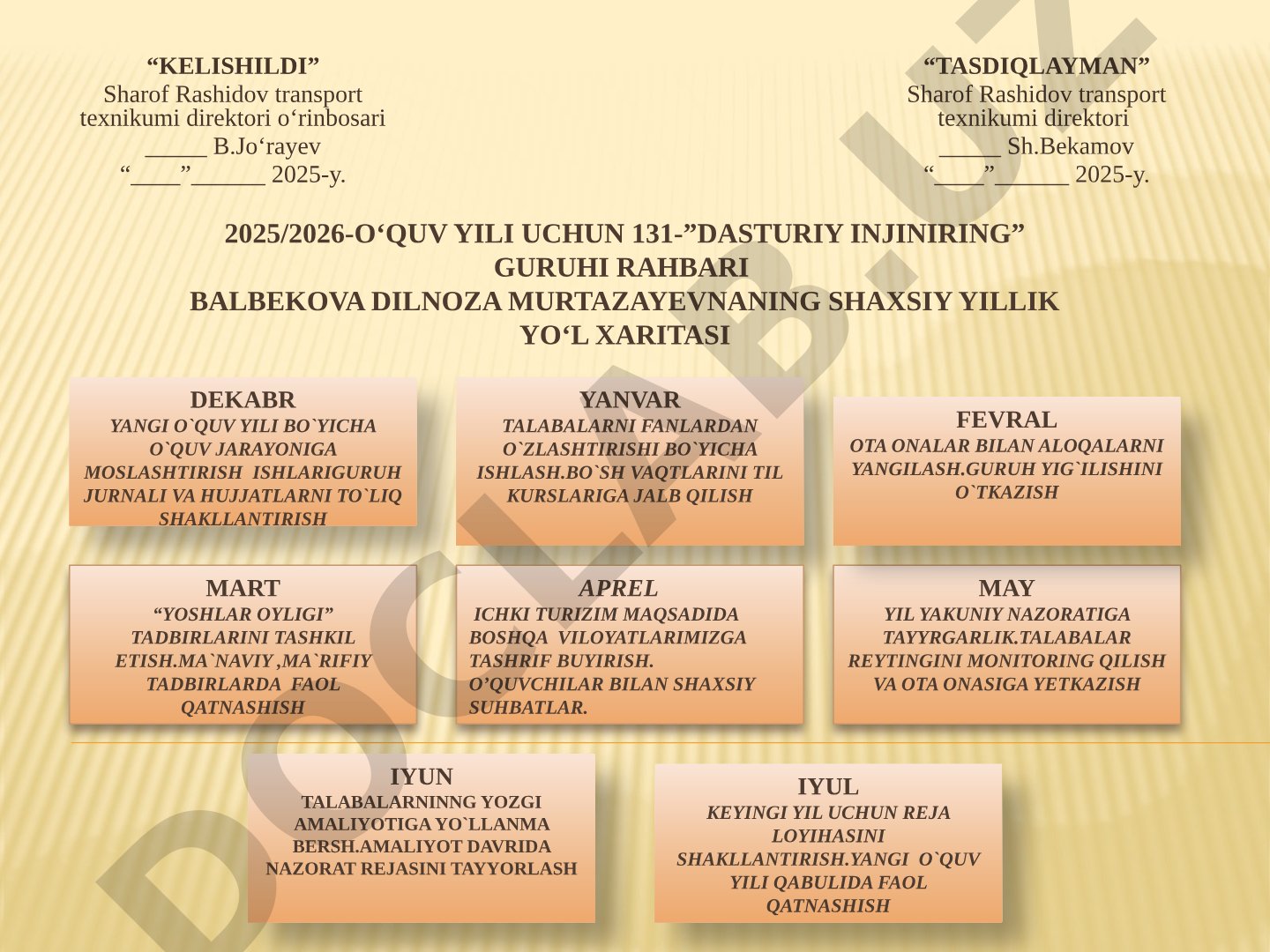 131-guruh rahbari Balbekova Dilnoza Murtazayevnaning 2025/2026 o'quv yili shaxsiy yo'l xaritasi