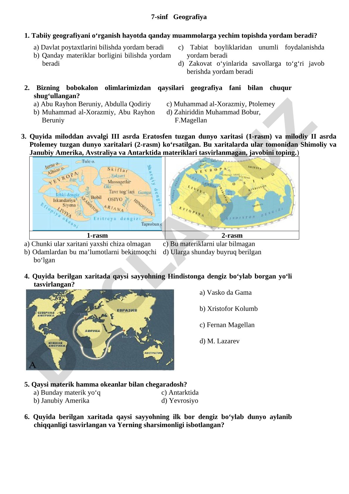 7-sinf Geografiya fanidan tabiiy geografiya bo'yicha test savollari