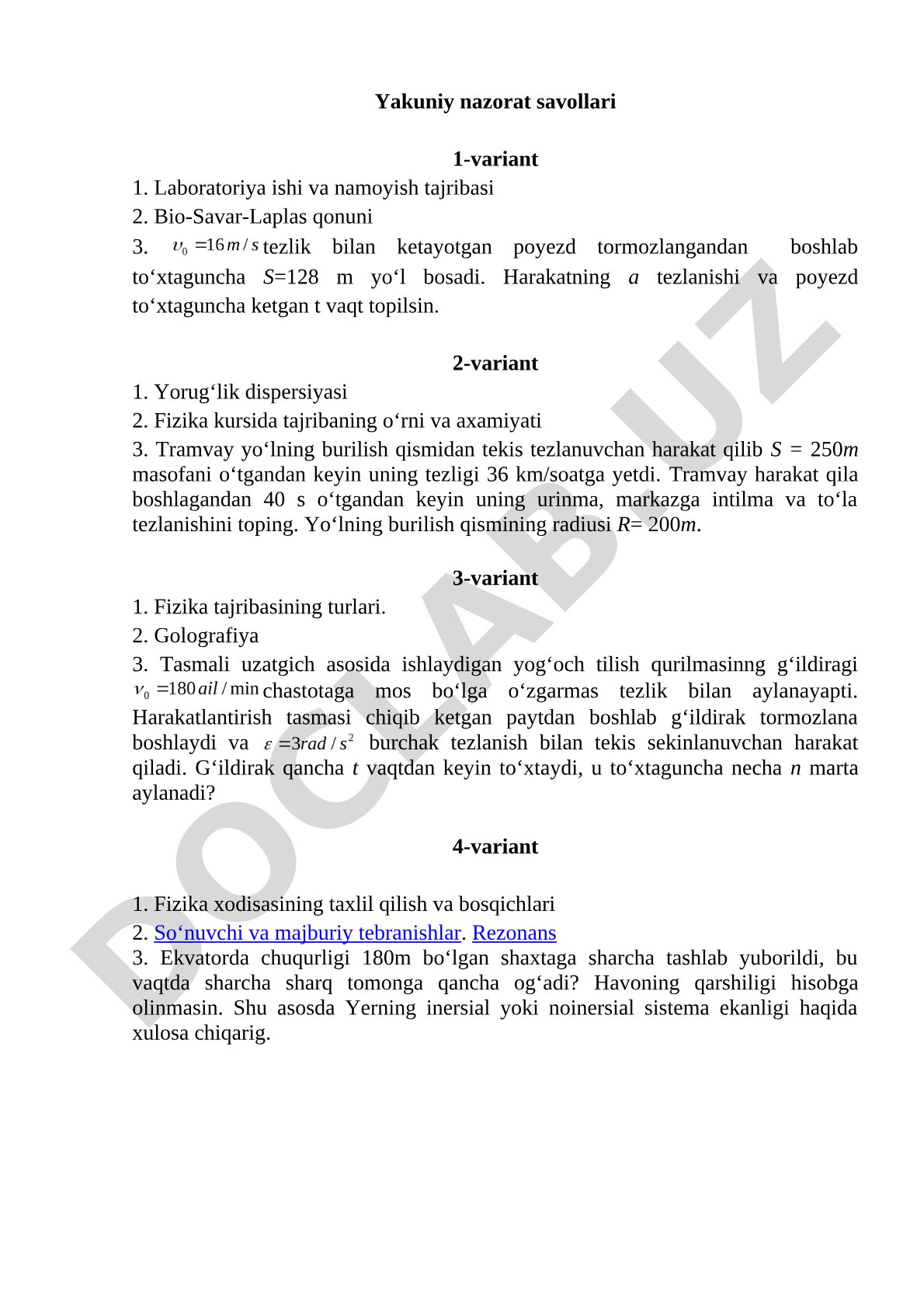 Fizika fanidan yakuniy nazorat savollari, 1-4 variantlar, nazariy savollar va masalalar