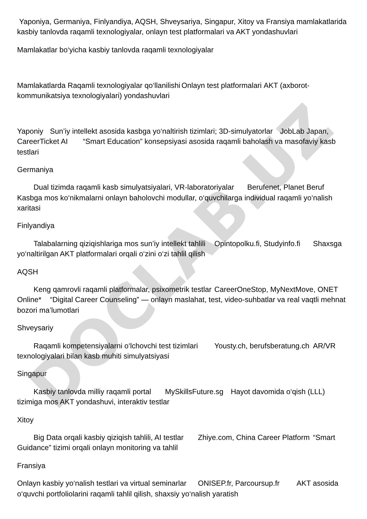 Mamlakatlarda kasbiy tanlovda raqamli texnologiyalar va AKT yondashuvlari