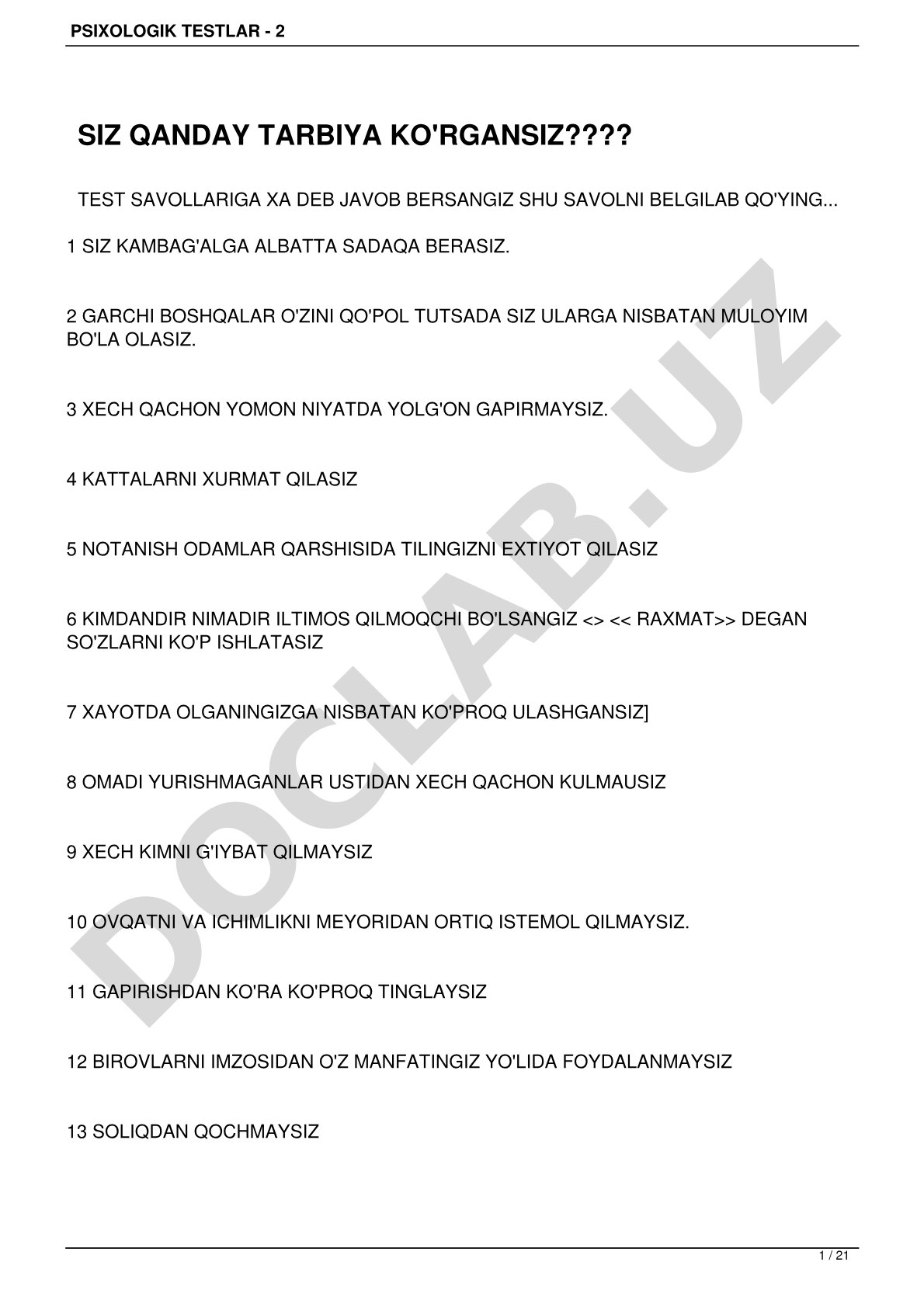 Psixologik testlar - 2 siz qanday tarbiya ko'rgansiz????