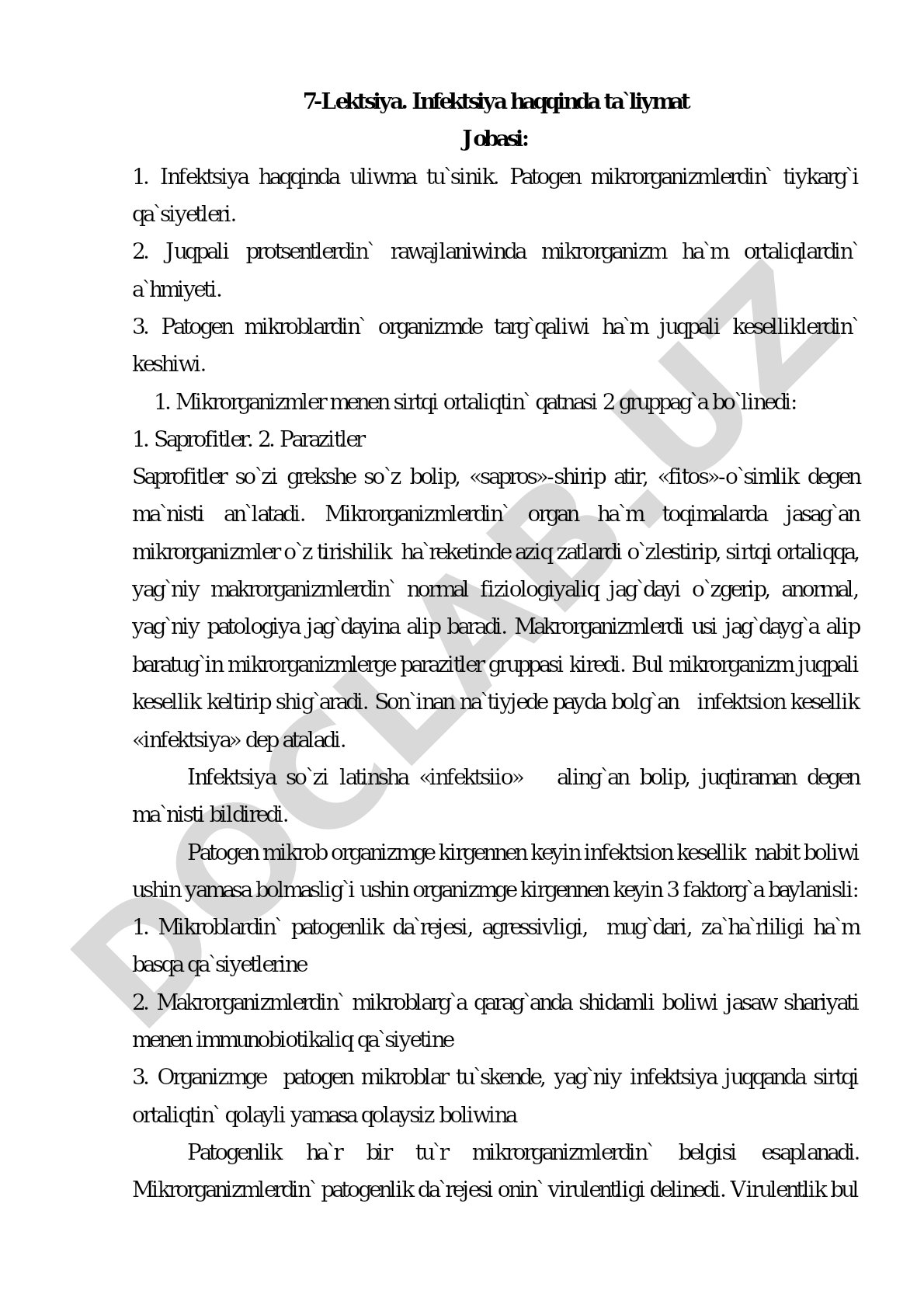 Infektsiya haqqinda ta`liymat