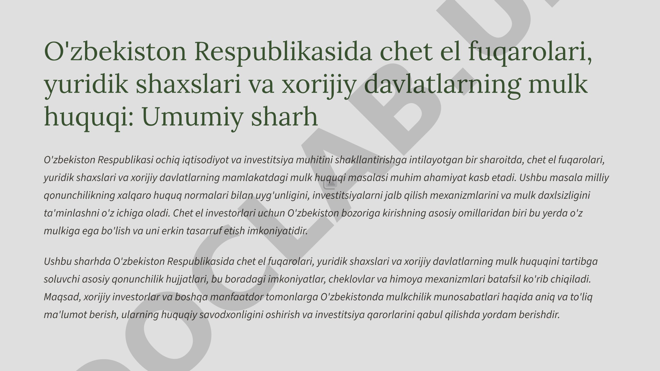 O'zbekiston Respublikasida chet el fuqarolari, yuridik shaxslari va xorijiy davlatlarning mulk huquqi