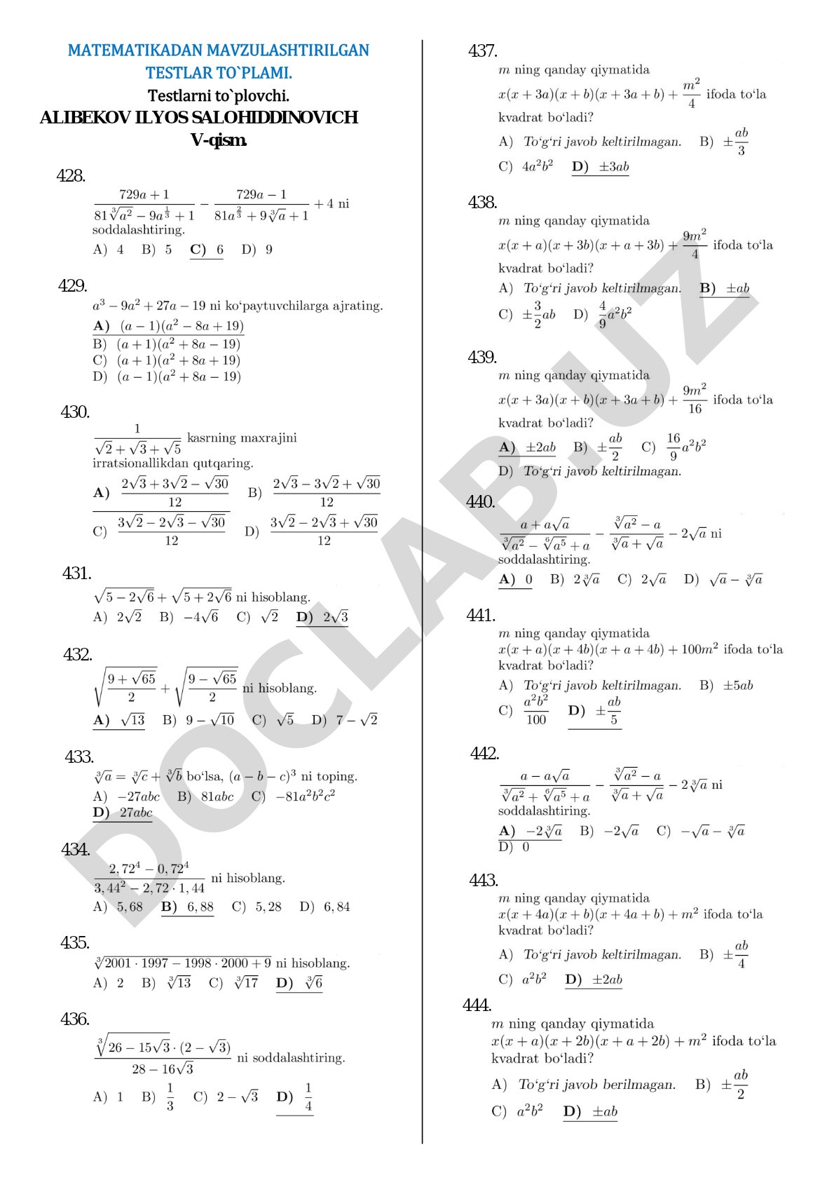 Matematikadan mavzulashtirilgan testlar to`plami