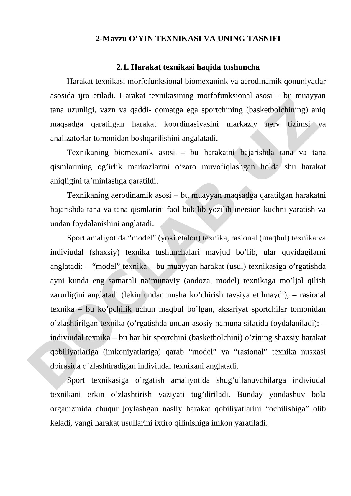 O'yin texnikasi va uning tasnifi