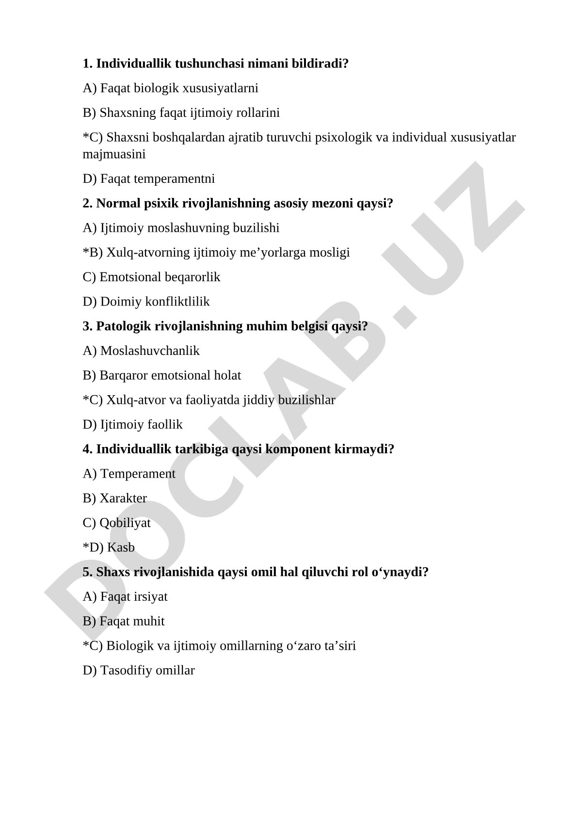 Psixologik individuallik va rivojlanish test savollari
