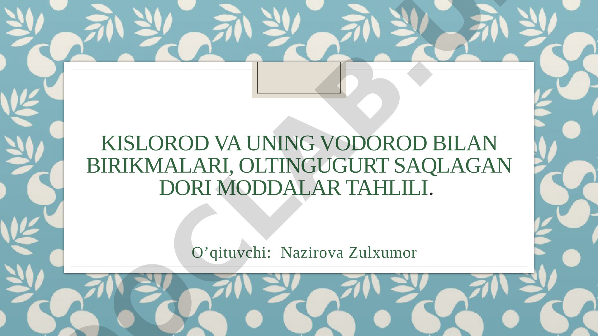 Kislorod va uning vodorod bilan birikmalari, oltingugurt saqlagan dori moddalar tahlili