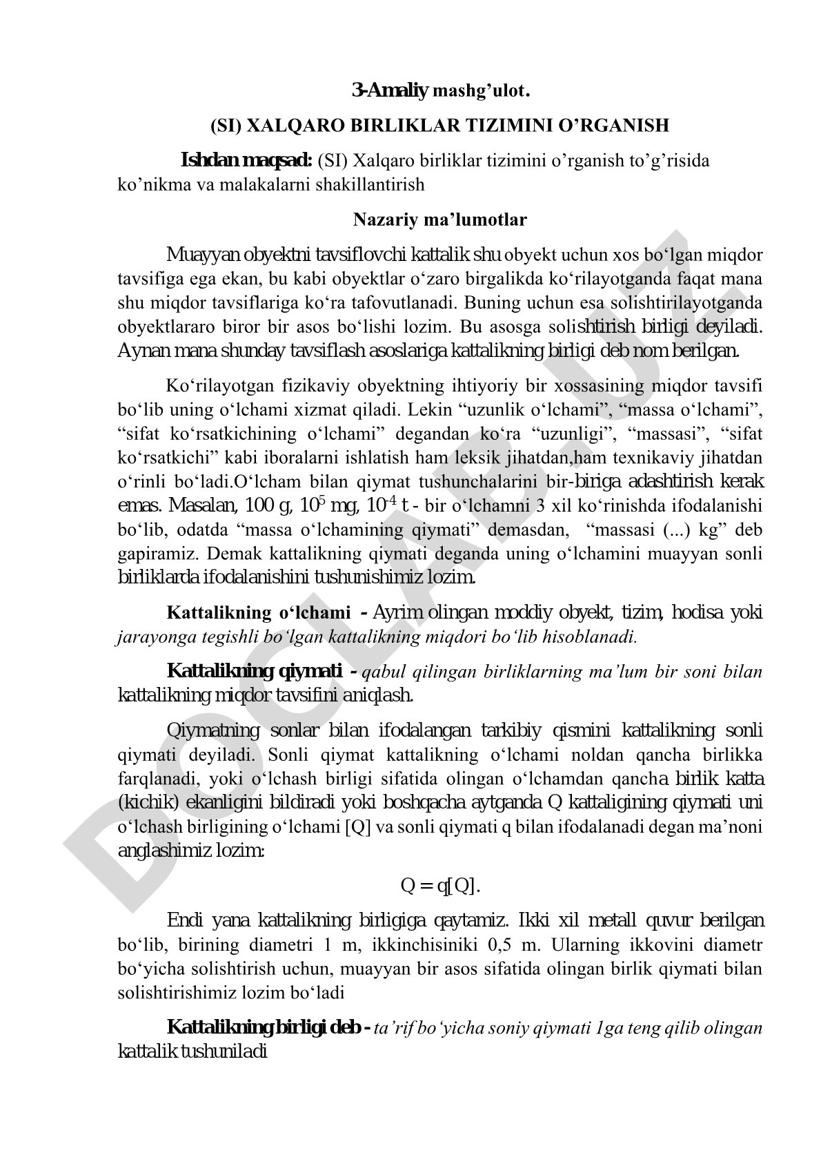SI Xalqaro birliklar tizimini o'rganish