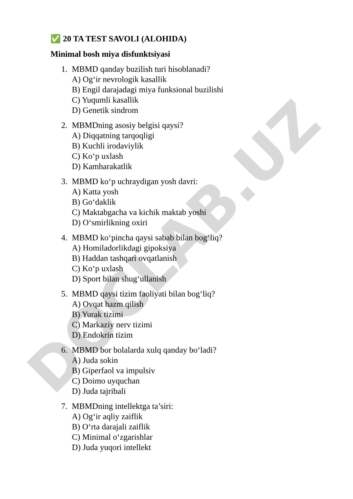 20 ta test savoli (alohida) minimal bosh miya disfunktsiyasi