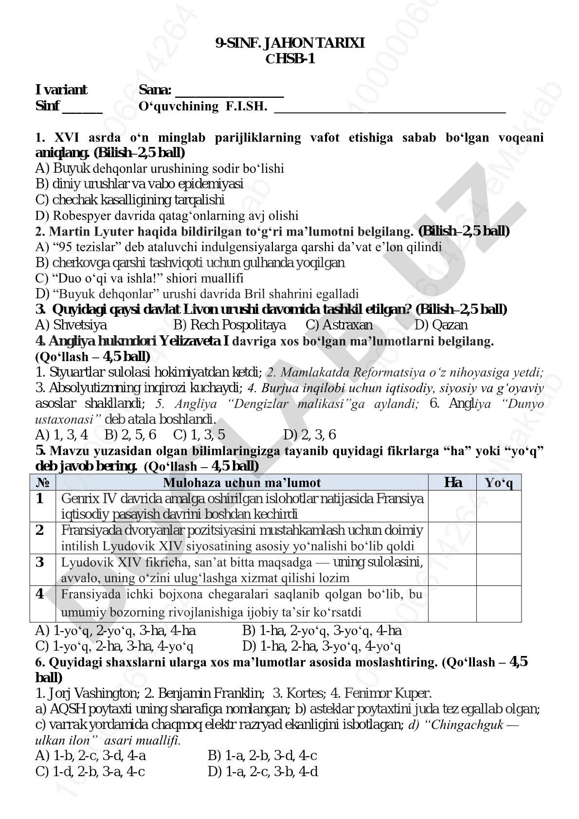 Jahon tarixi 9-sinf uchun test savollari